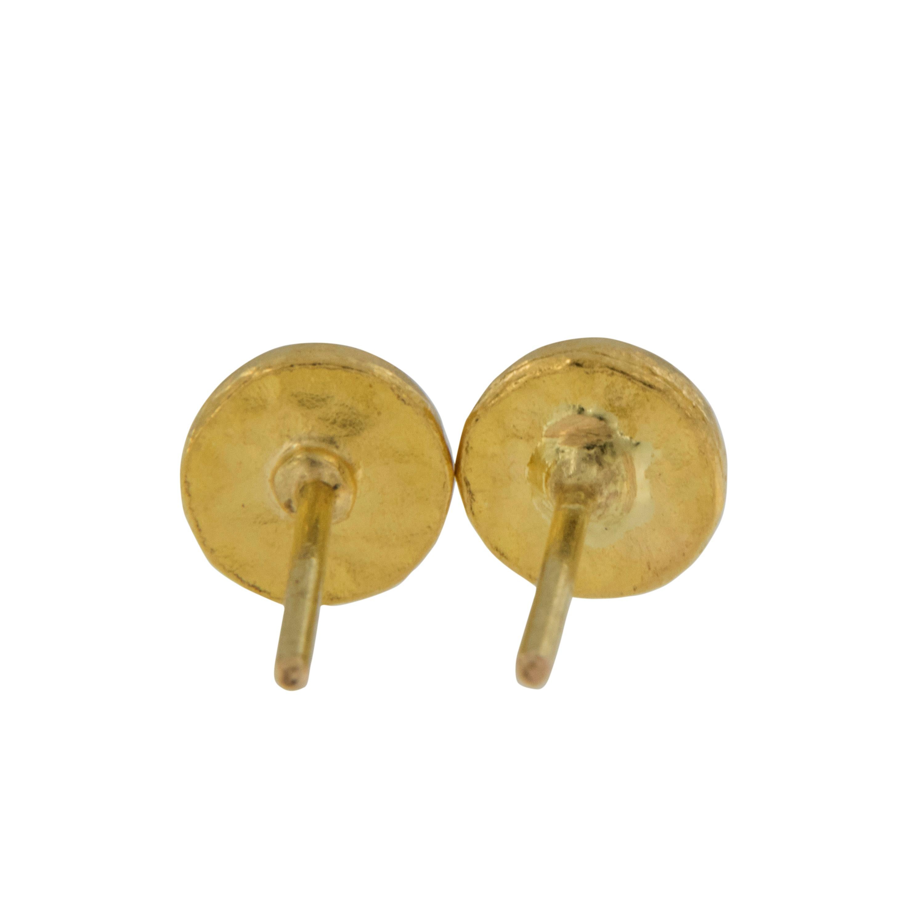 Women's or Men's Handmade Pure 24 Karat Yellow Gold Round Button Style Earrings