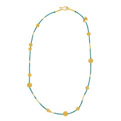 Handmade Pure 24 Karat Yellow Gold & Turquoise Beaded Necklace