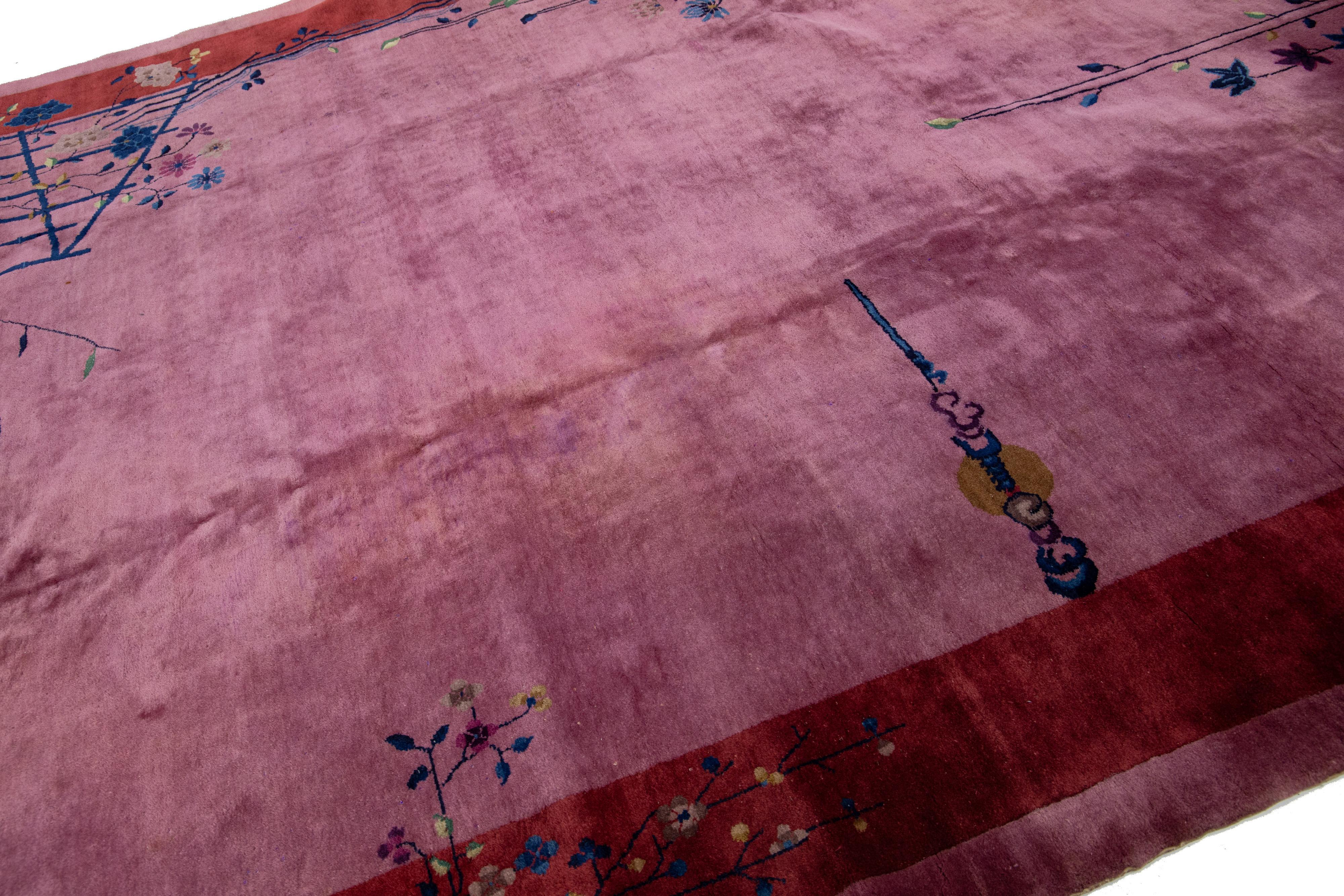Handmade Purple Antique Chinese Art Deco Wool Rug with Floral Pattern For Sale 6
