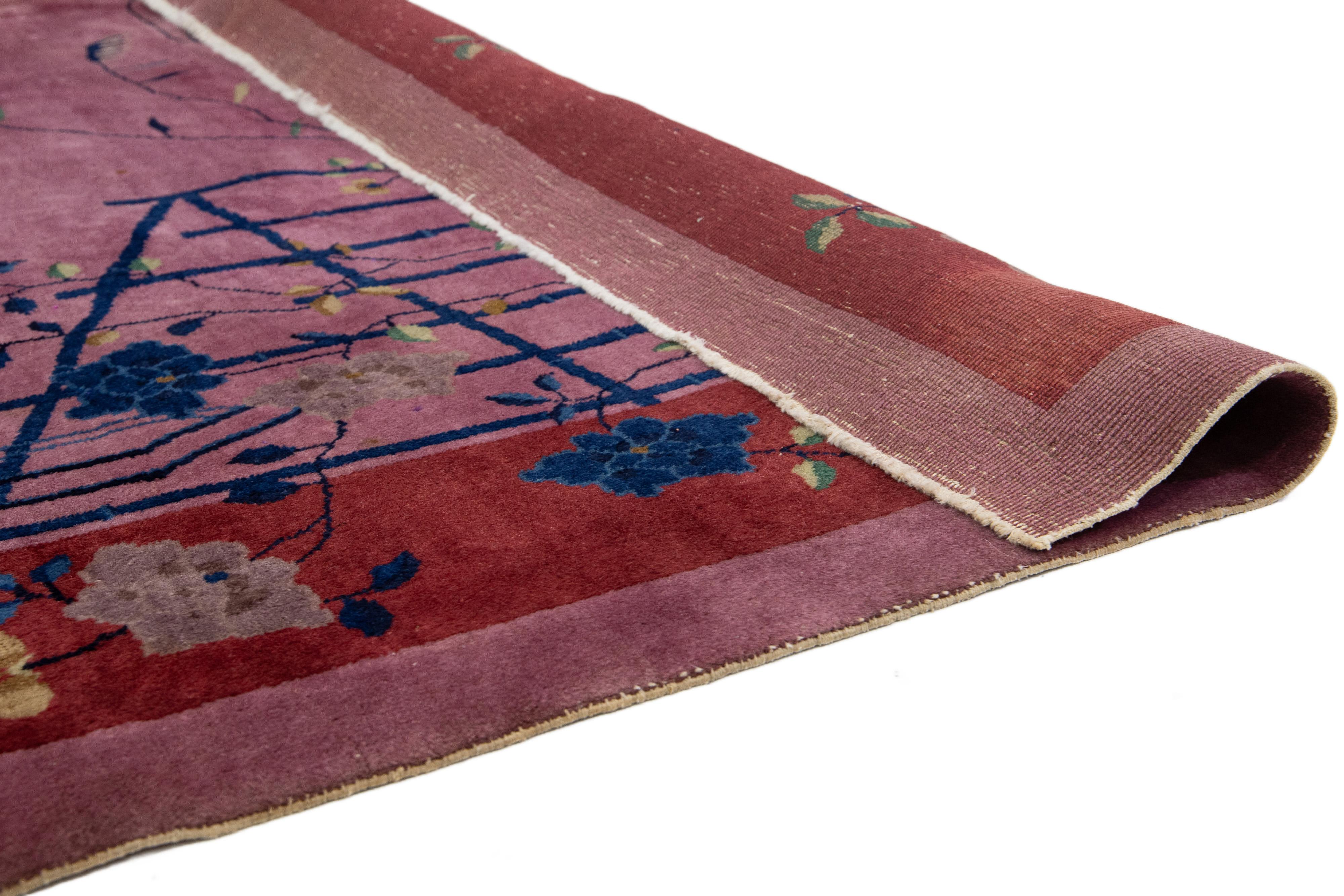 Hand-Knotted Handmade Purple Antique Chinese Art Deco Wool Rug with Floral Pattern For Sale