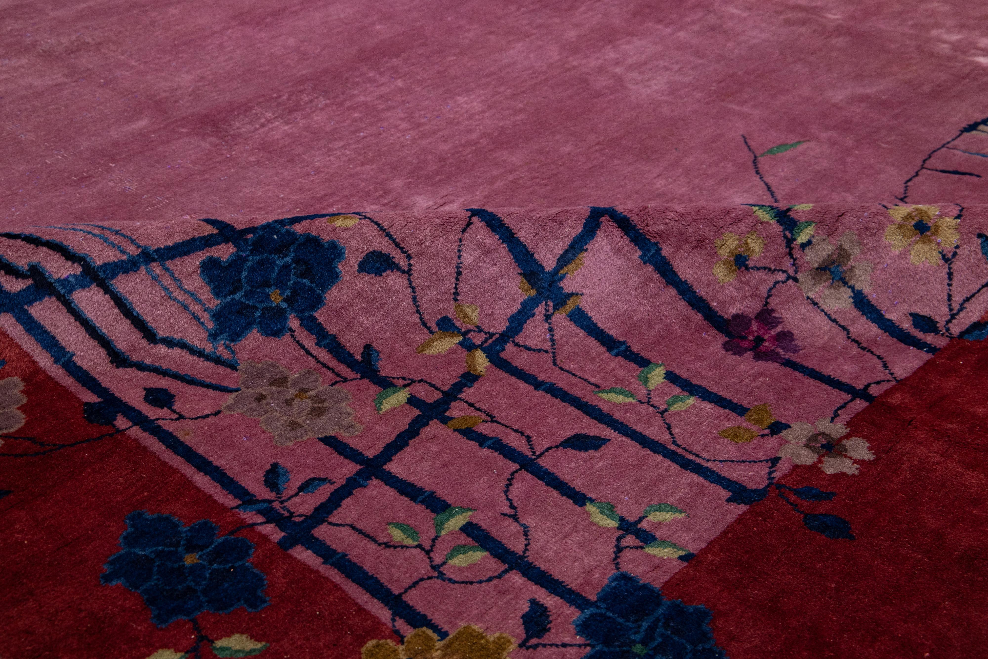 Handmade Purple Antique Chinese Art Deco Wool Rug with Floral Pattern In Excellent Condition For Sale In Norwalk, CT