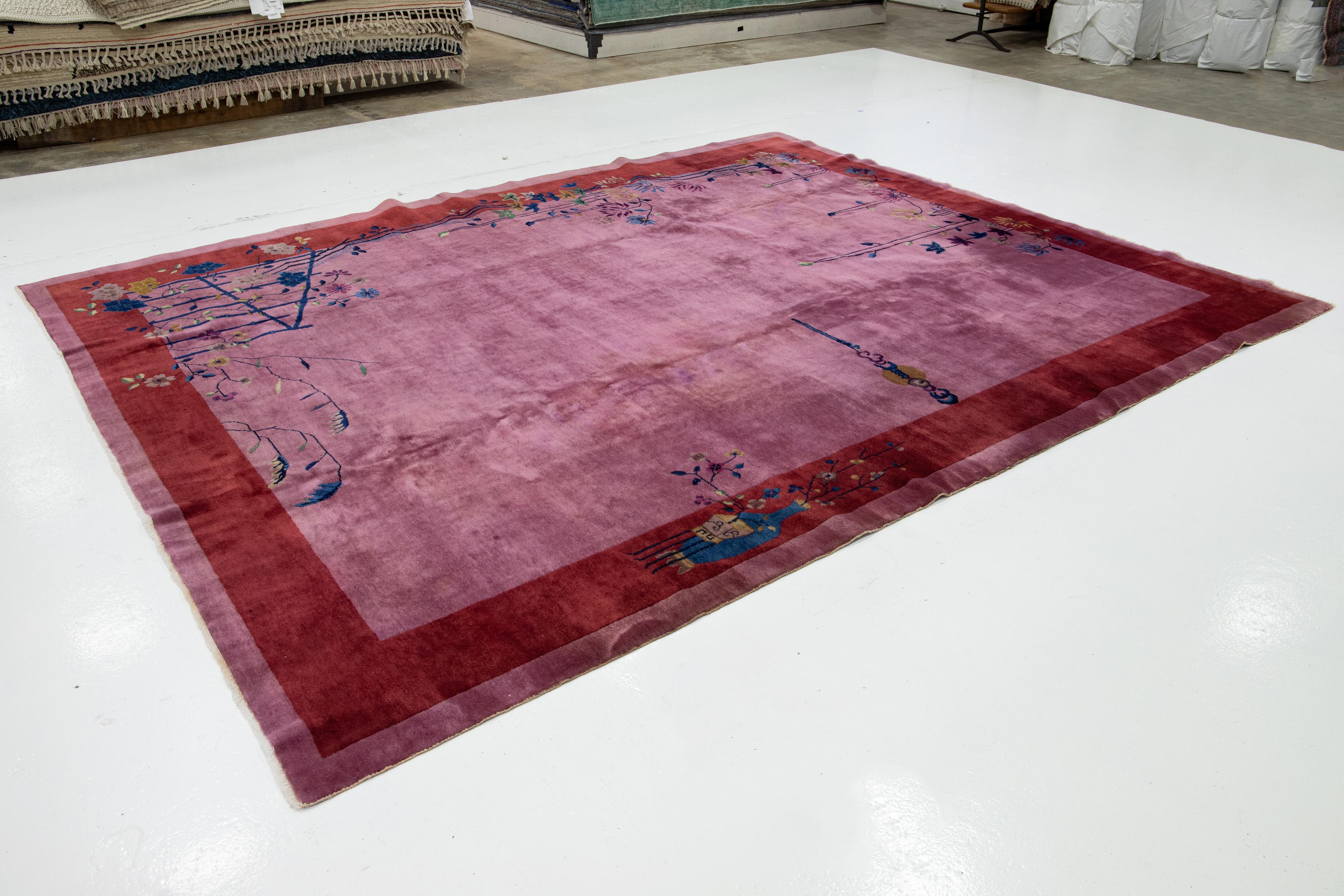 20th Century Handmade Purple Antique Chinese Art Deco Wool Rug with Floral Pattern For Sale