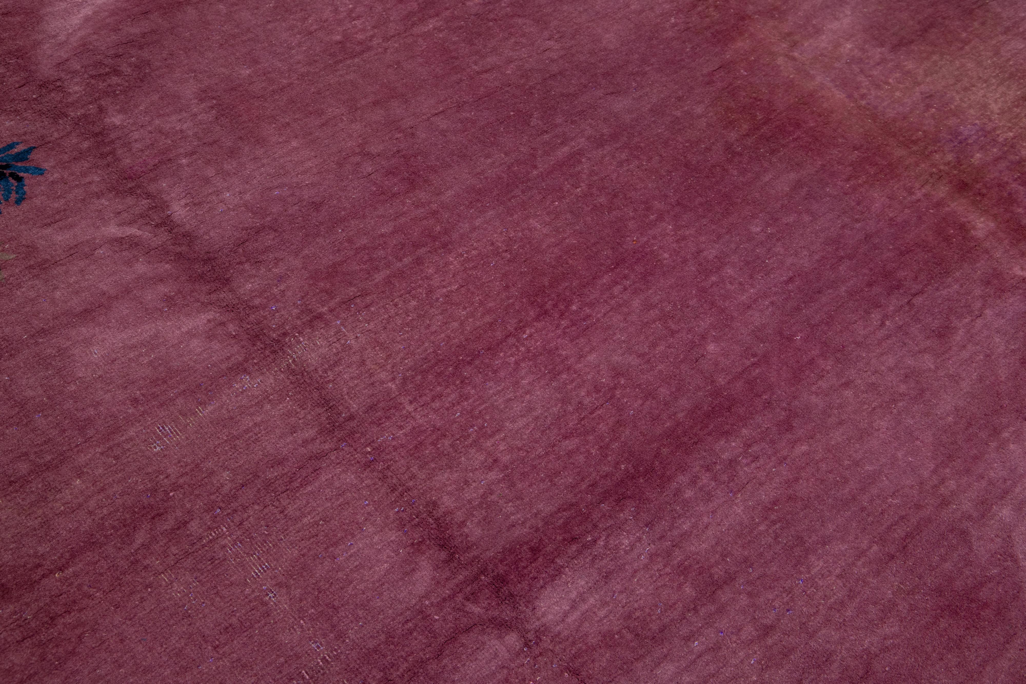 Handmade Purple Antique Chinese Art Deco Wool Rug with Floral Pattern For Sale 1