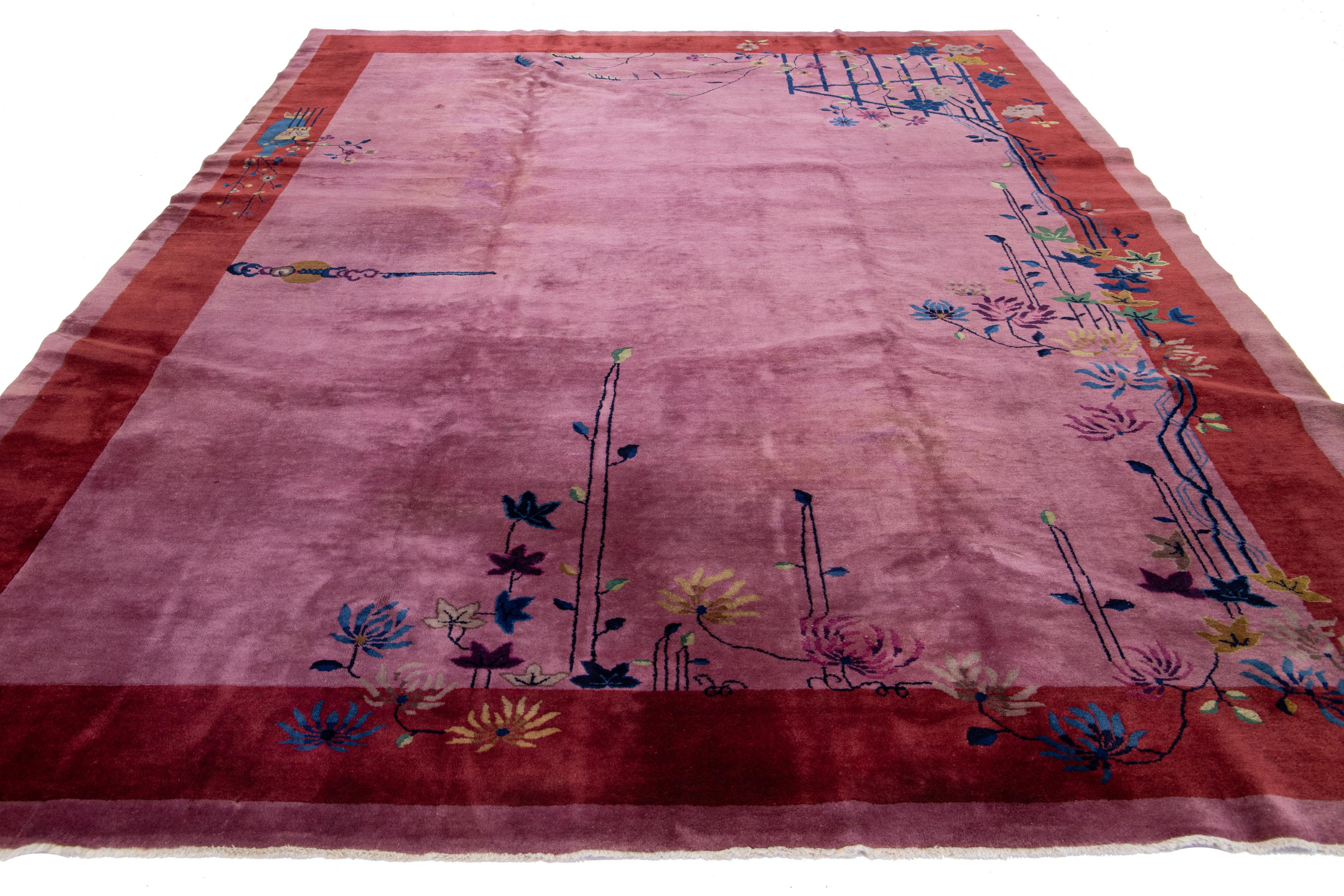 Handmade Purple Antique Chinese Art Deco Wool Rug with Floral Pattern For Sale 2
