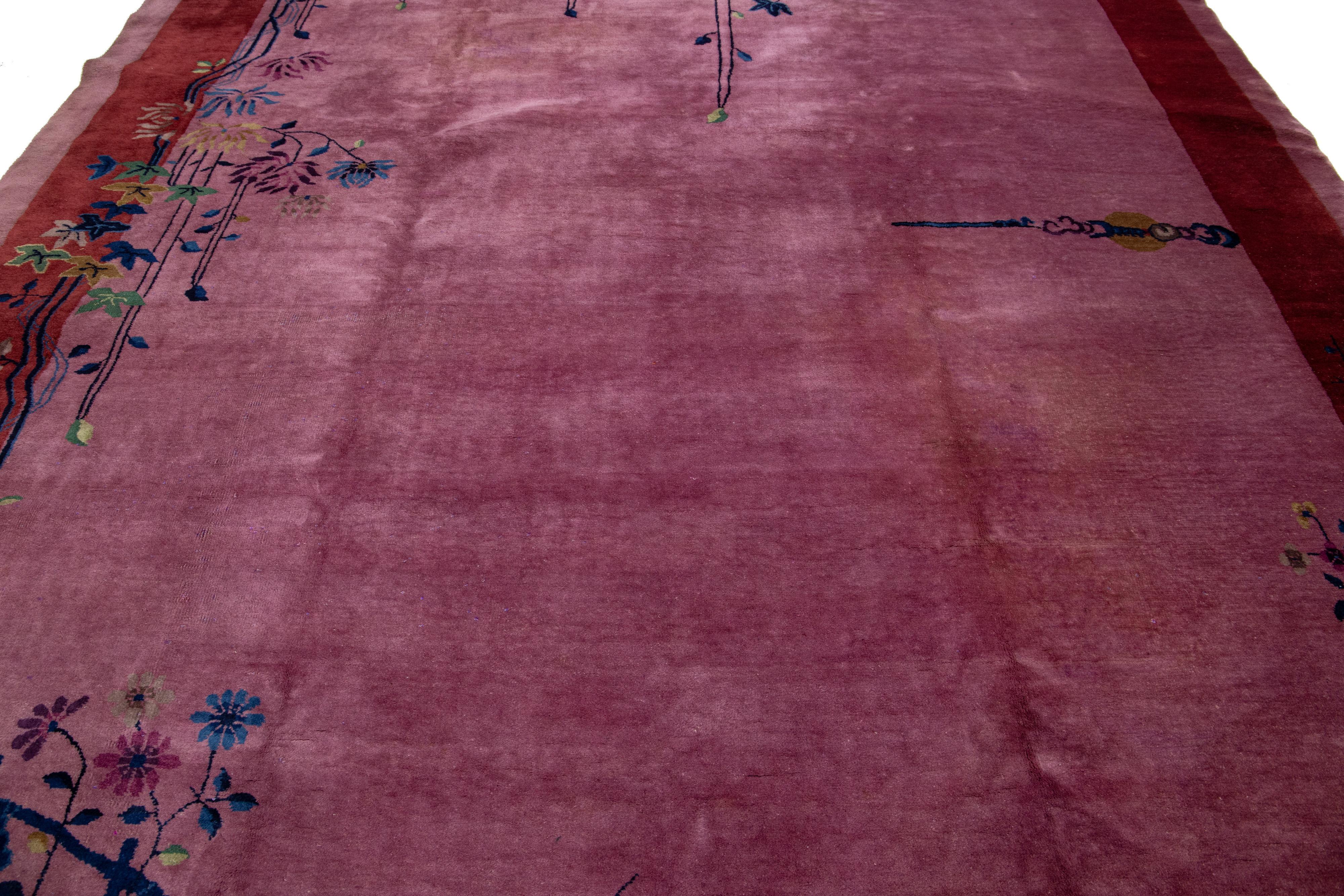 Handmade Purple Antique Chinese Art Deco Wool Rug with Floral Pattern For Sale 3