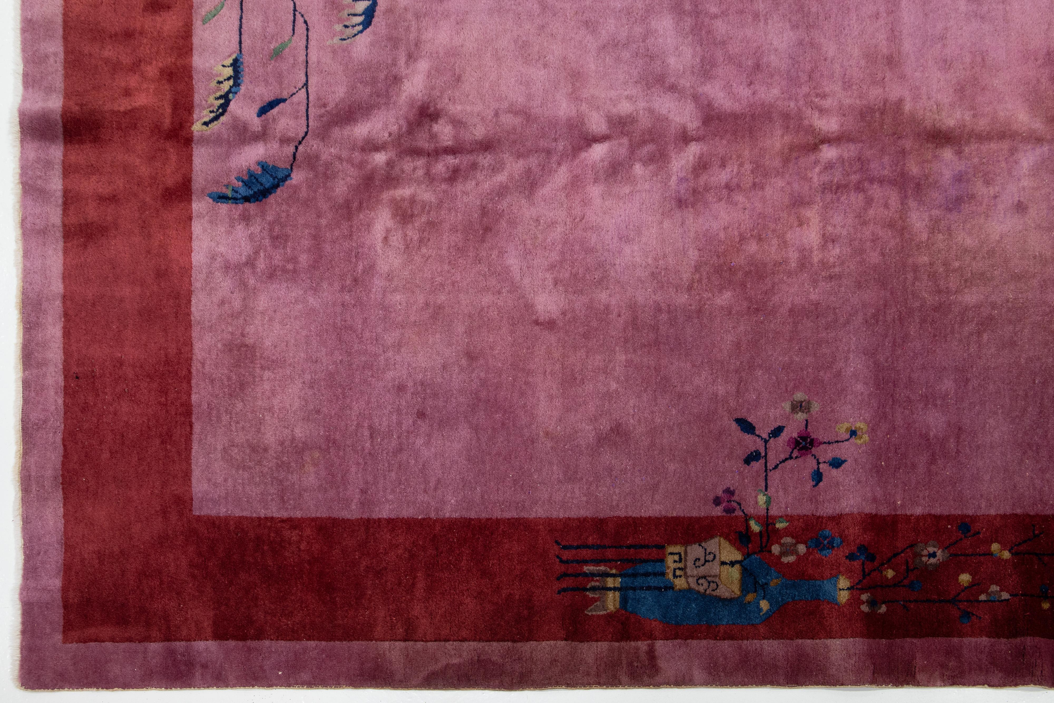 Handmade Purple Antique Chinese Art Deco Wool Rug with Floral Pattern For Sale 4