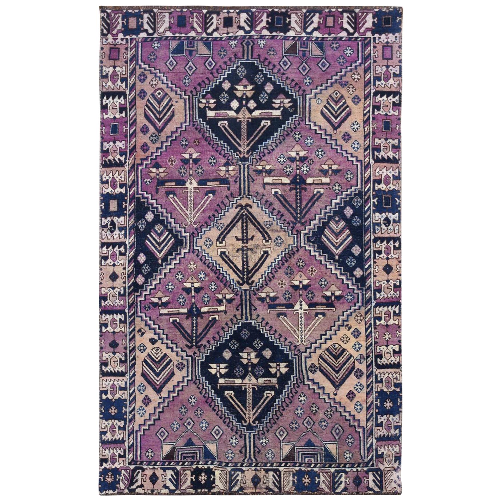 Handmade Purple Persian Shiraz Cropped Thin Bohemian Natural Wool Vintage Rug