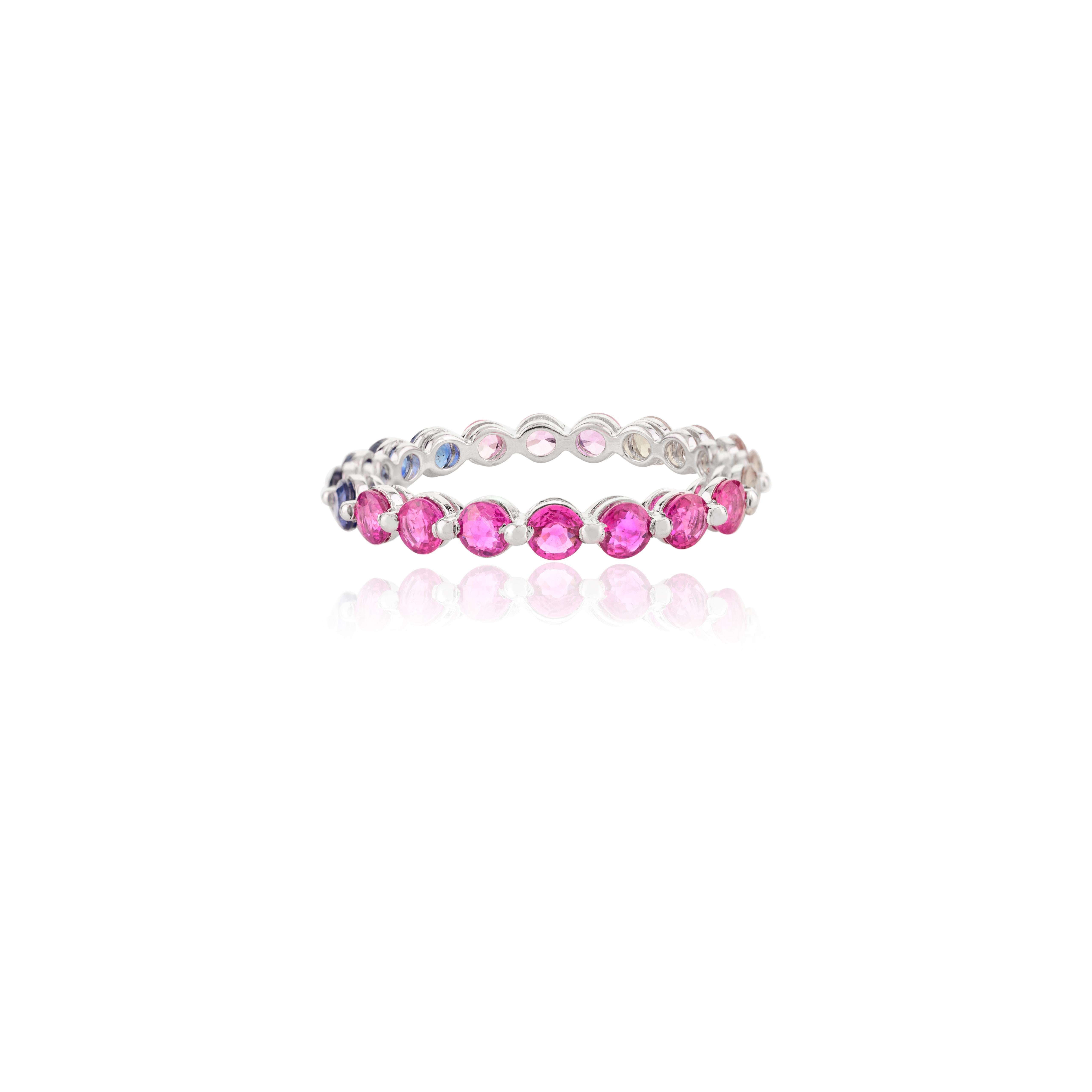 For Sale:  Handmade Rainbow Multi Gemstone Eternity Band Ring in 14k White Gold 3