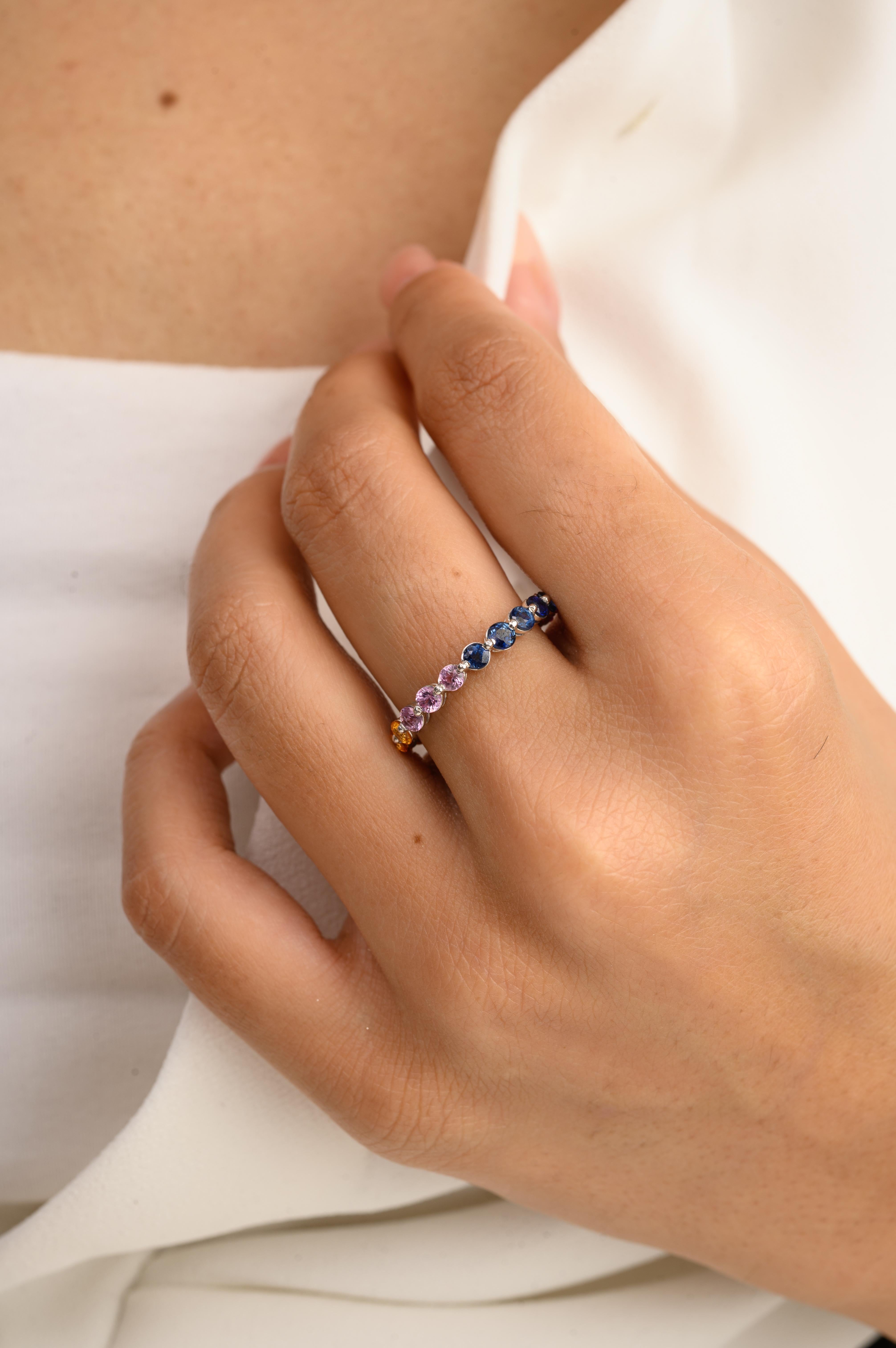 For Sale:  Handmade Rainbow Multi Gemstone Eternity Band Ring in 14k White Gold 2