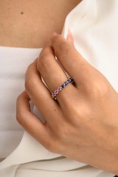 Handmade Rainbow Multi Gemstone Eternity Band Ring in 14k White Gold