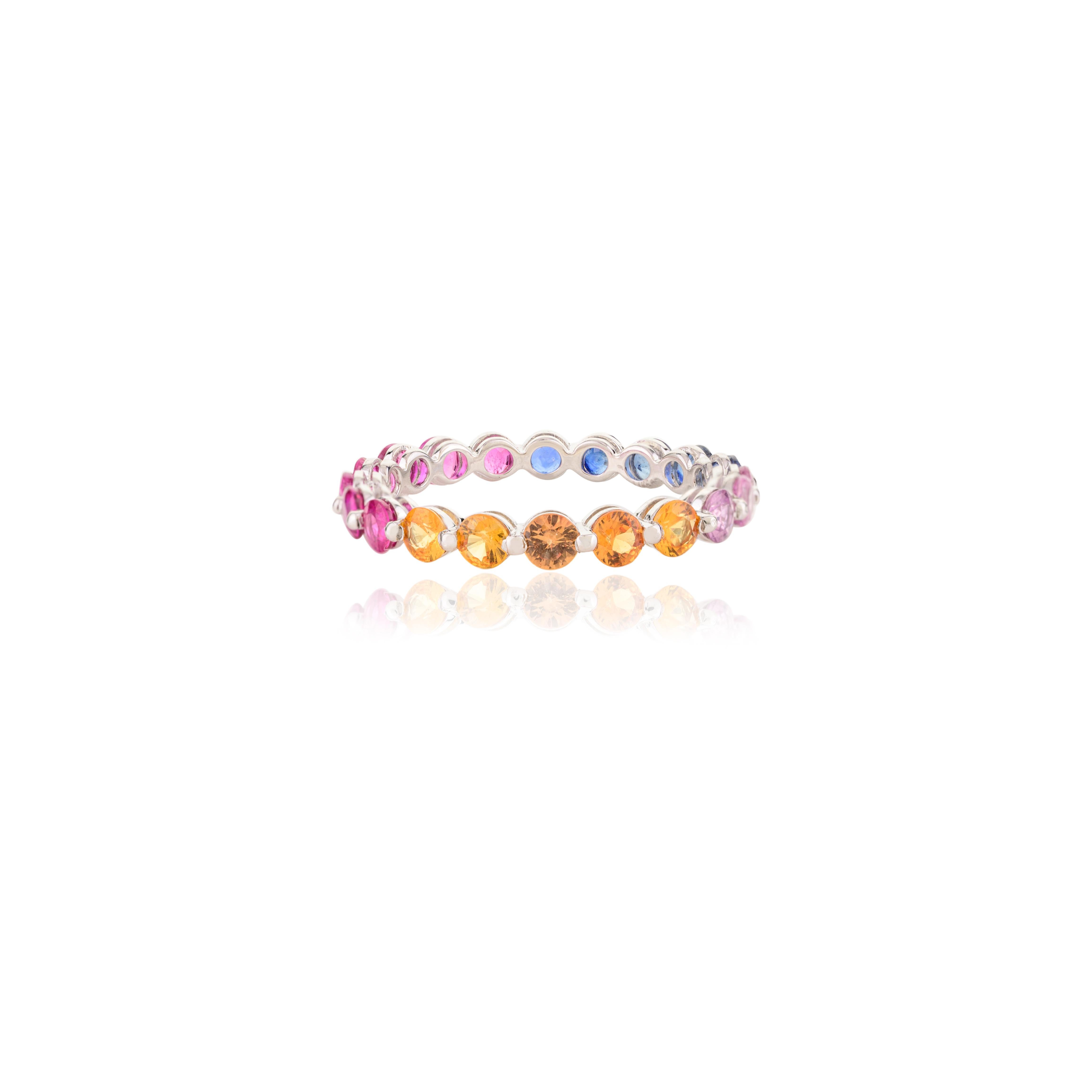 For Sale:  Handmade Rainbow Multi Gemstone Eternity Band Ring in 14k White Gold 5