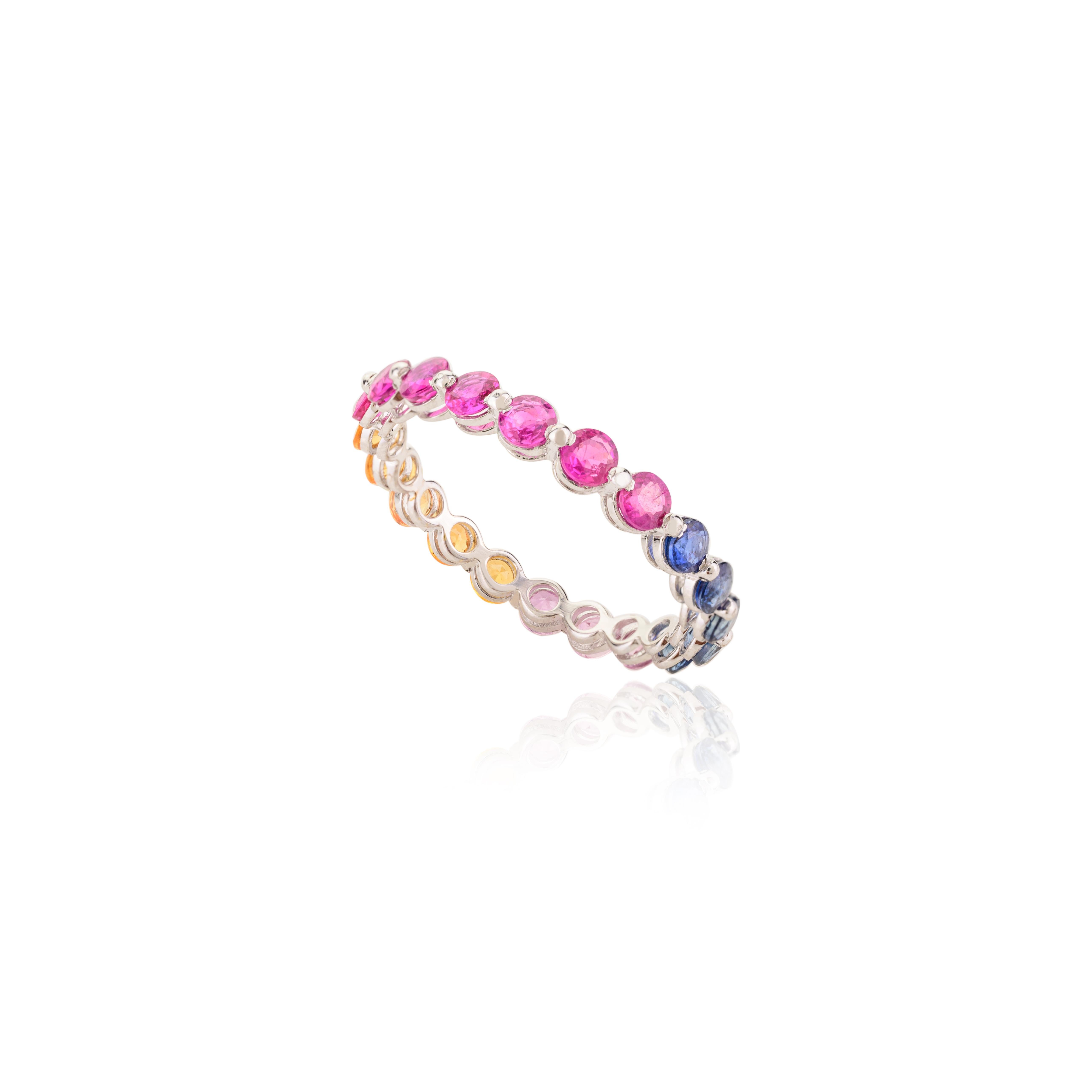 For Sale:  Handmade Rainbow Multi Gemstone Eternity Band Ring in 14k White Gold 6