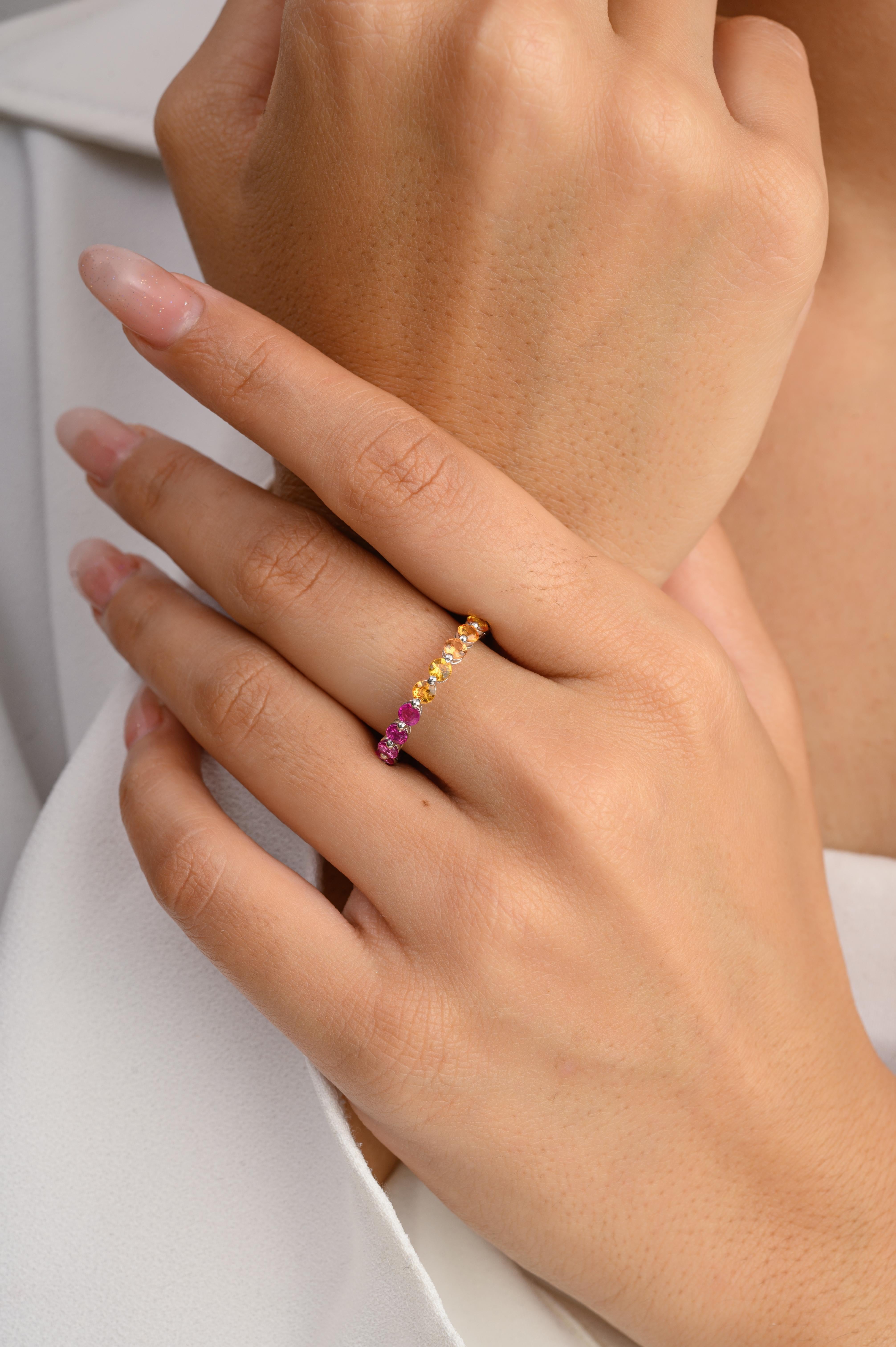 For Sale:  Handmade Rainbow Multi Gemstone Eternity Band Ring in 14k White Gold 4