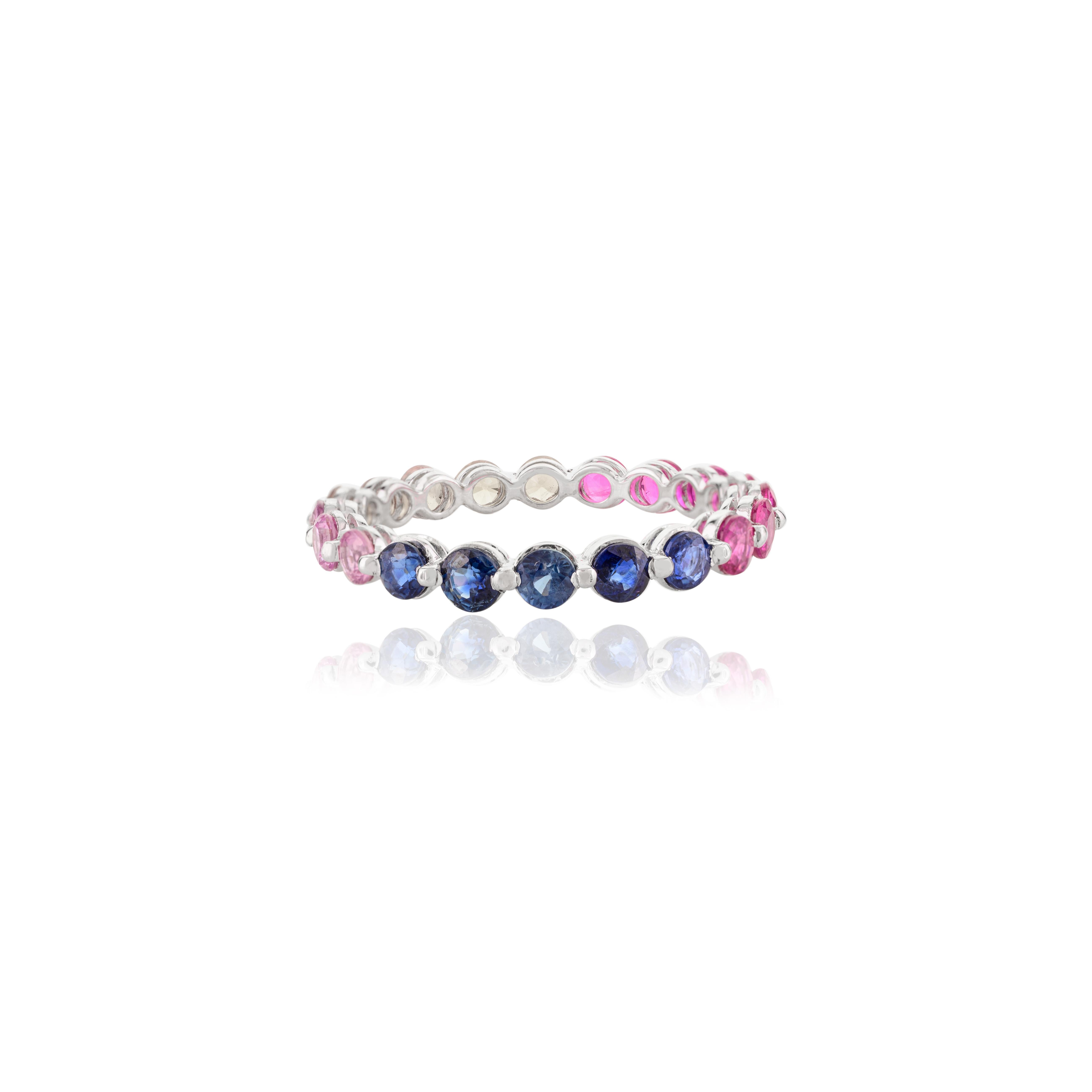 For Sale:  Handmade Rainbow Multi Gemstone Eternity Band Ring in 14k White Gold 7