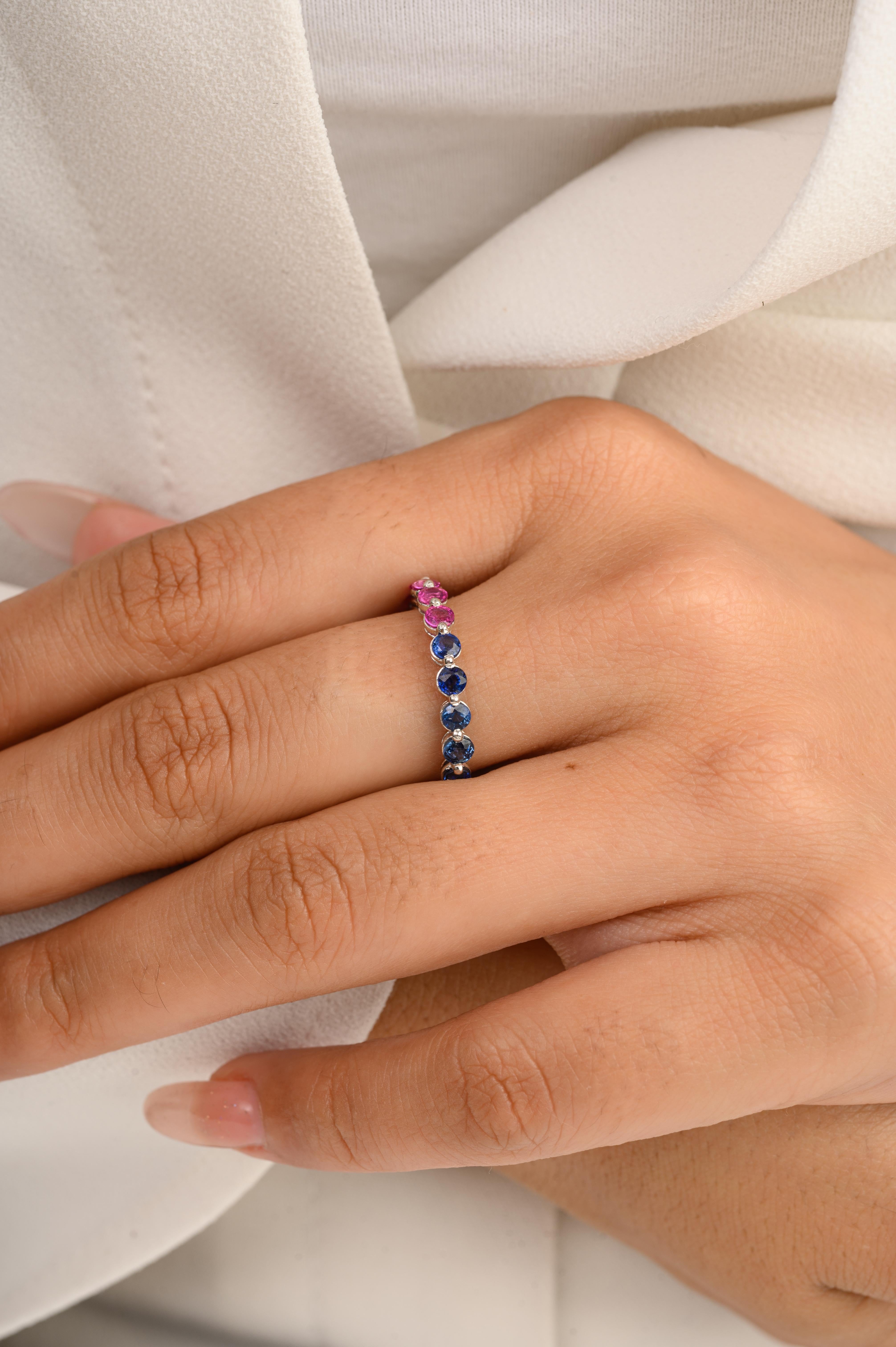 For Sale:  Handmade Rainbow Multi Gemstone Eternity Band Ring in 14k White Gold 8