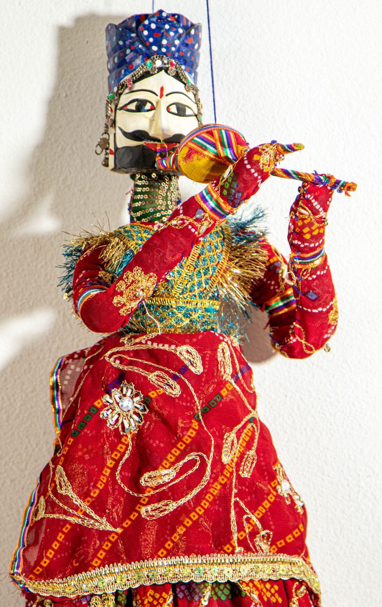 Textile Handmade Rajasthani Kathputli Dancing Puppet Couple Jaipur India 1950s For Sale