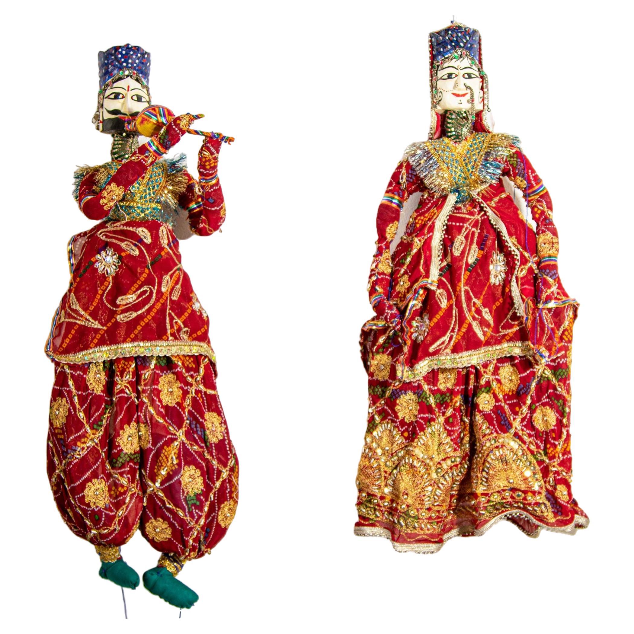 Handmade Rajasthani Kathputli Dancing Puppet Couple Jaipur India 1950s For Sale