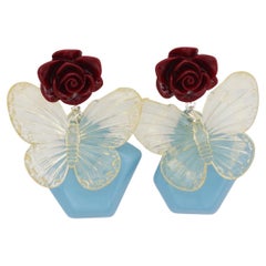 Handmade Rare Butterfly Sky Blue Burgundy Rose Irregular Clear Clip Earrings