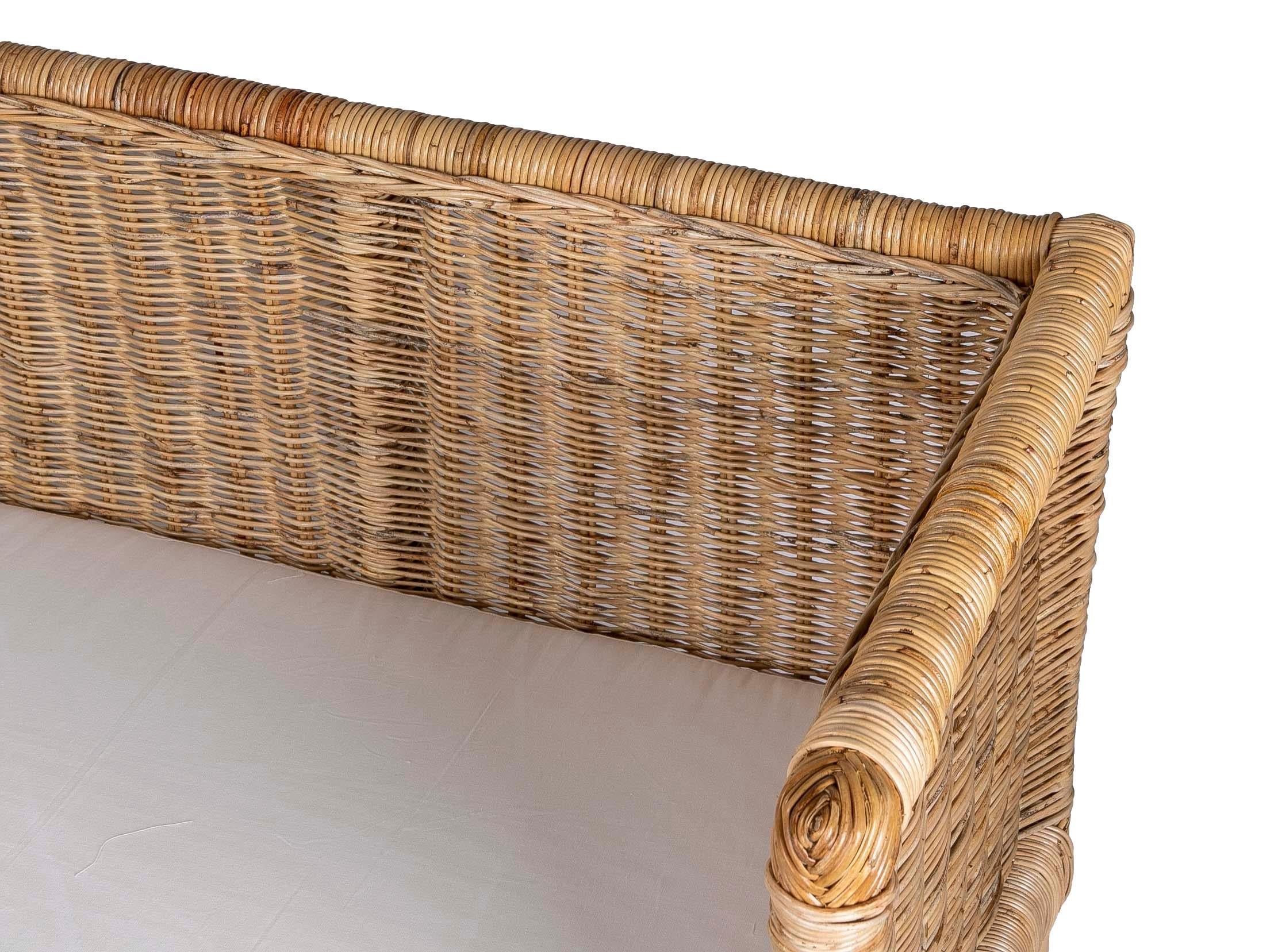 Handmade Rattan Bench with Straight Arms and Backrest For Sale 6