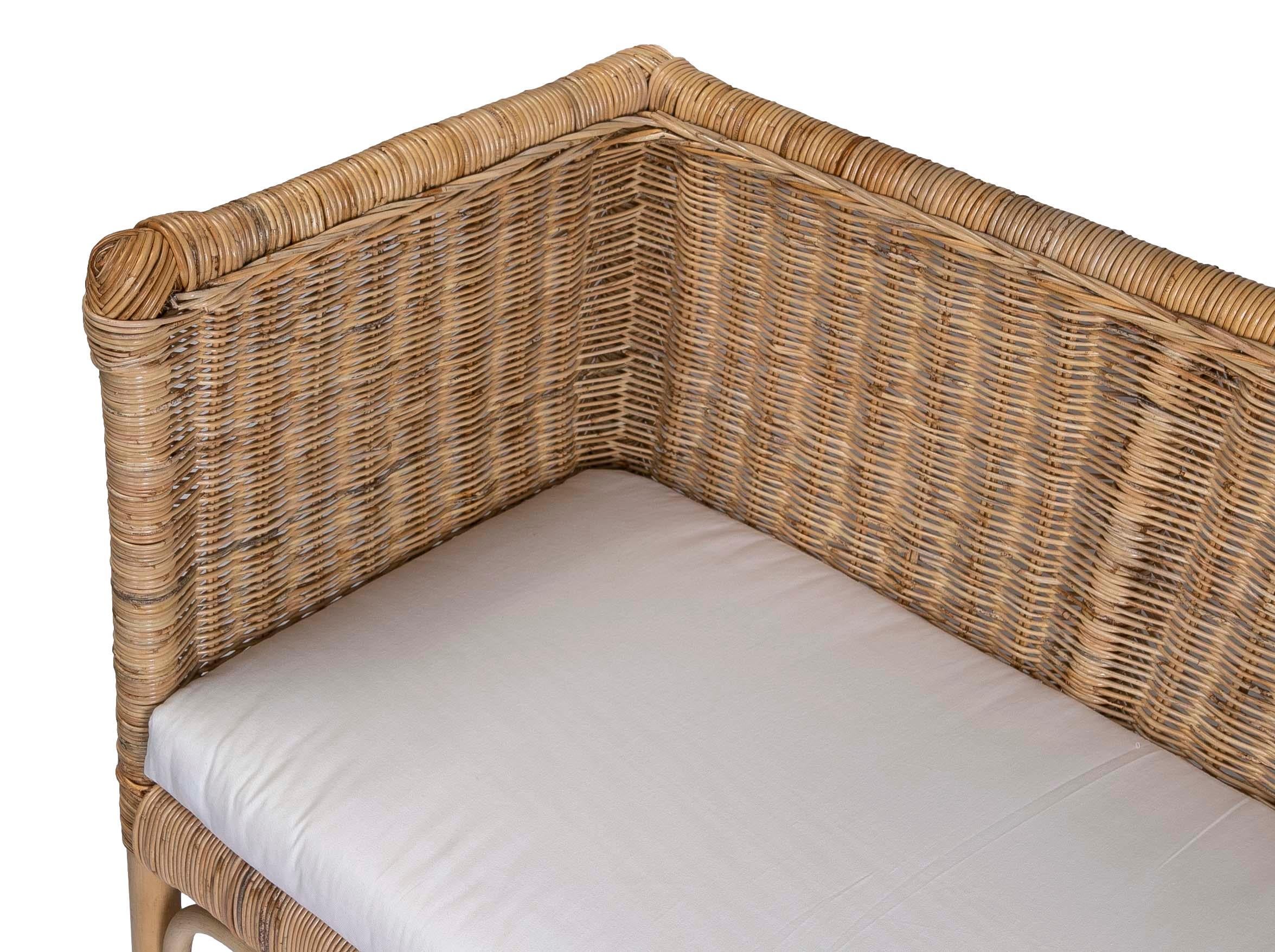 Handmade Rattan Bench with Straight Arms and Backrest For Sale 9