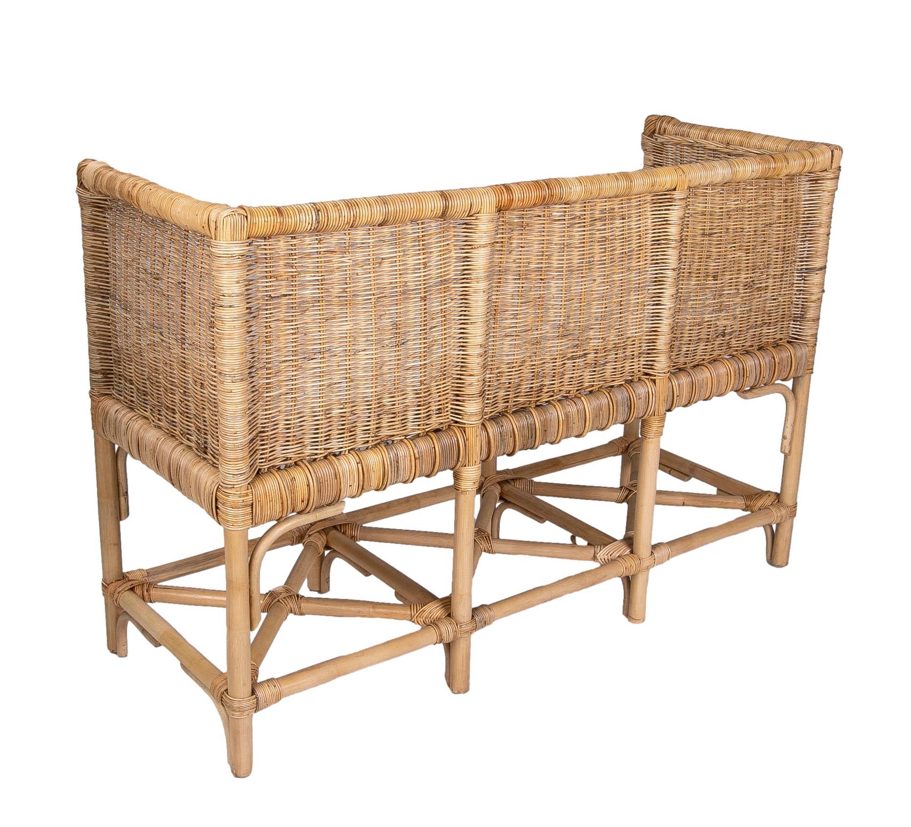 Handmade Rattan Bench with Straight Arms and Backrest For Sale 9