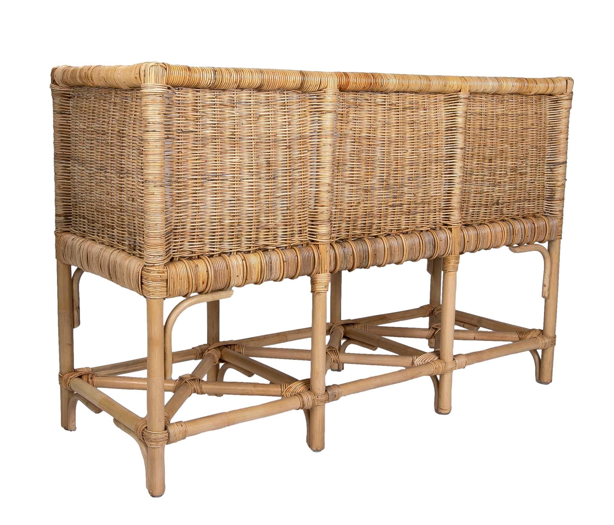 Handmade Rattan Bench with Straight Arms and Backrest For Sale 11