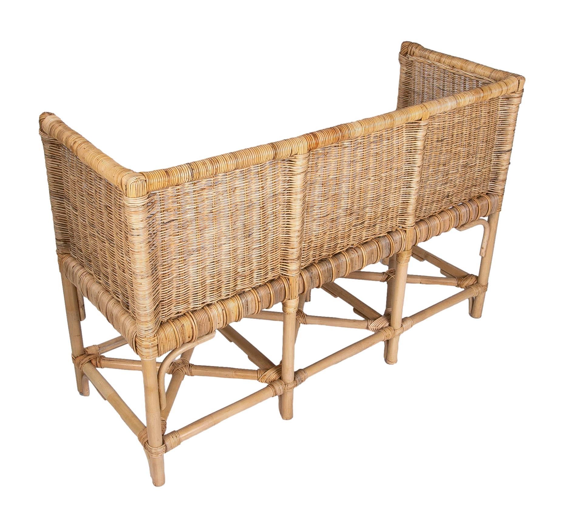 Handmade Rattan Bench with Straight Arms and Backrest For Sale 11