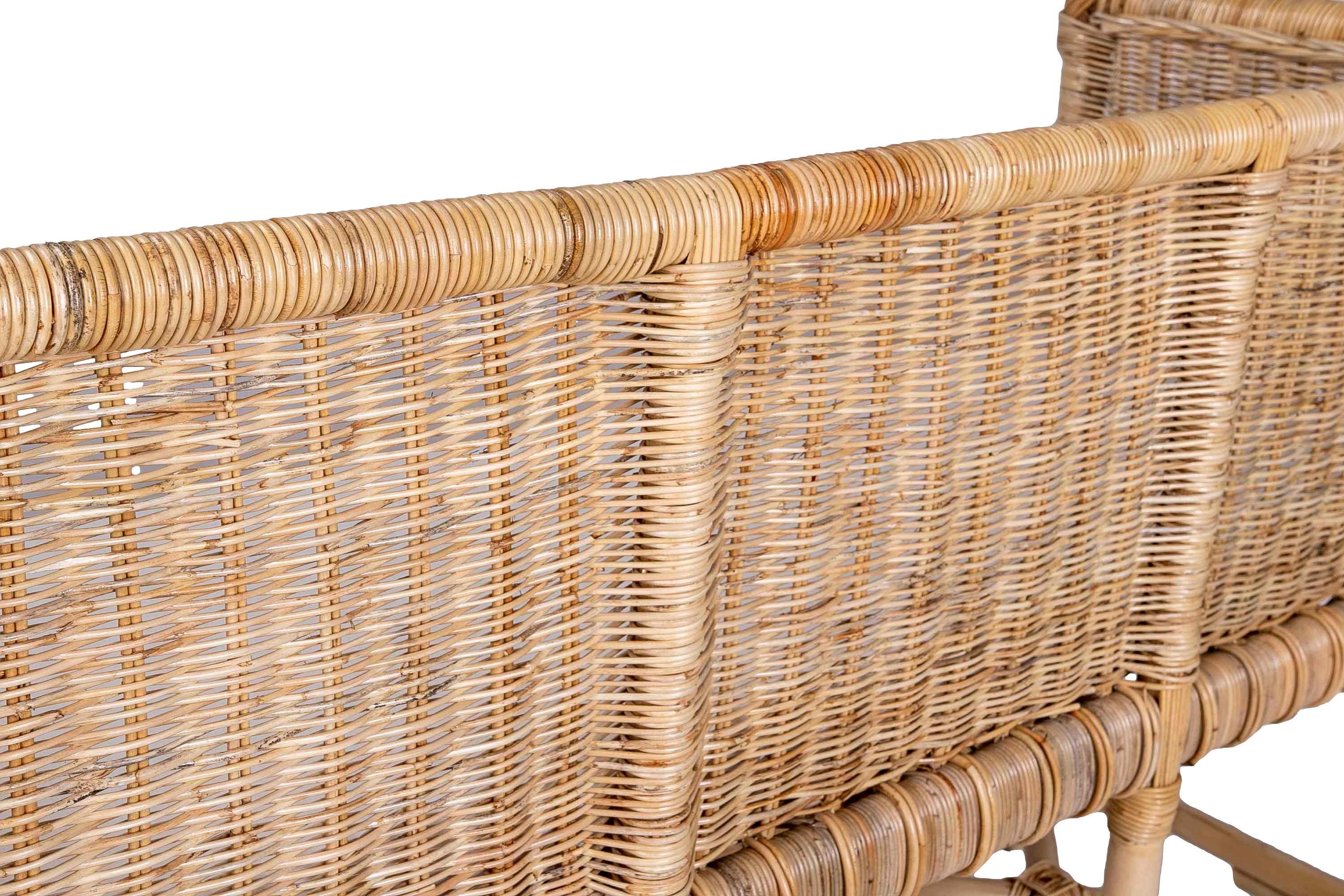 Handmade Rattan Bench with Straight Arms and Backrest For Sale 14