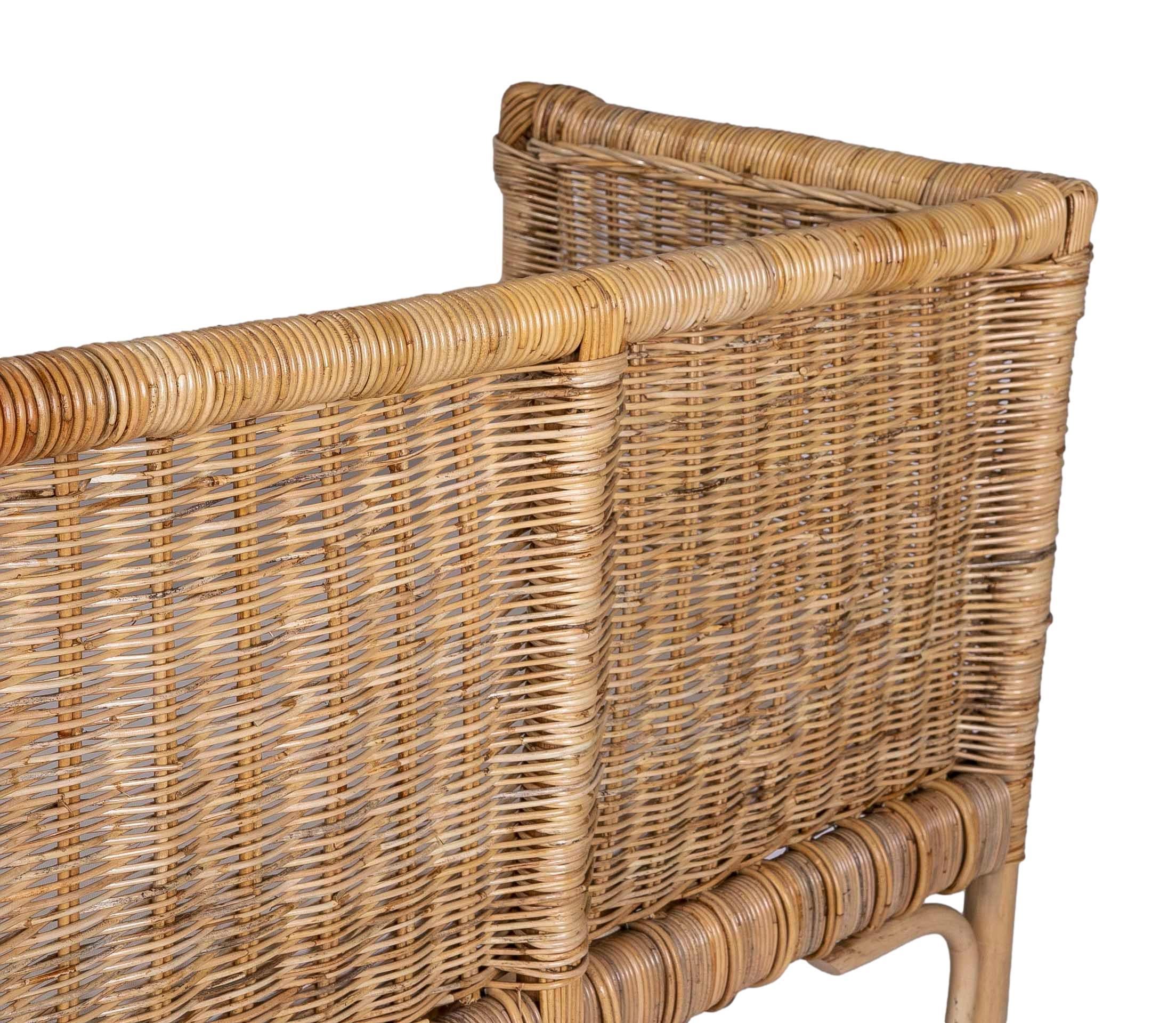 Handmade Rattan Bench with Straight Arms and Backrest For Sale 15