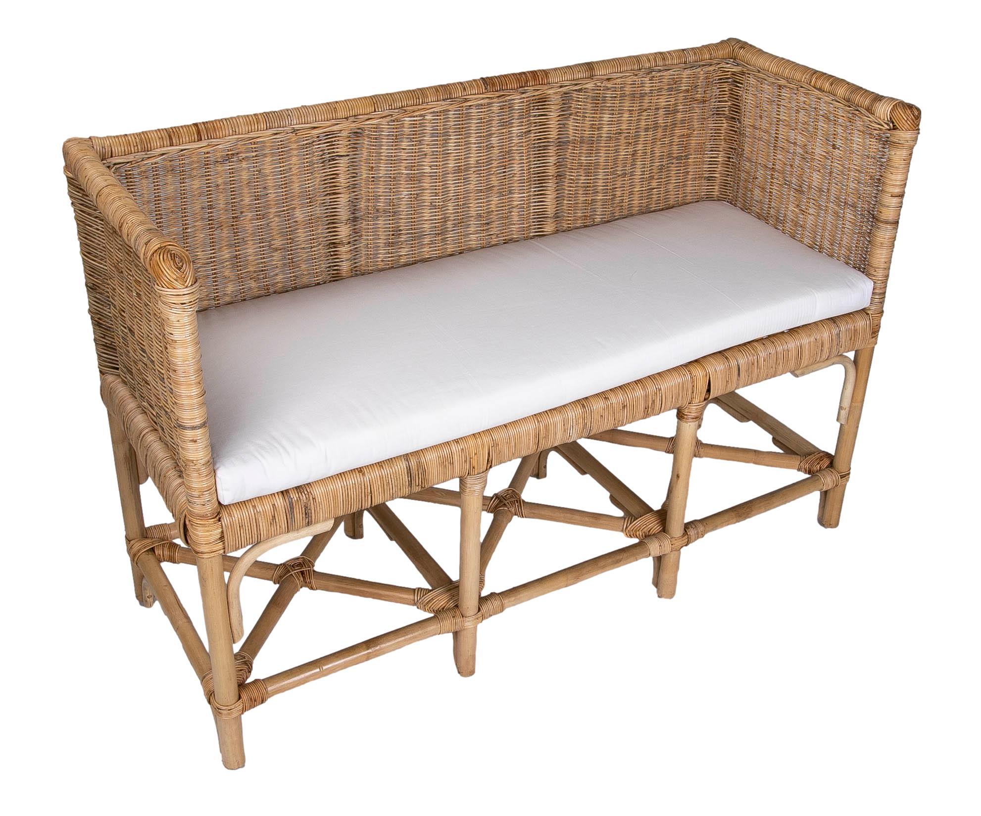 European Handmade Rattan Bench with Straight Arms and Backrest For Sale