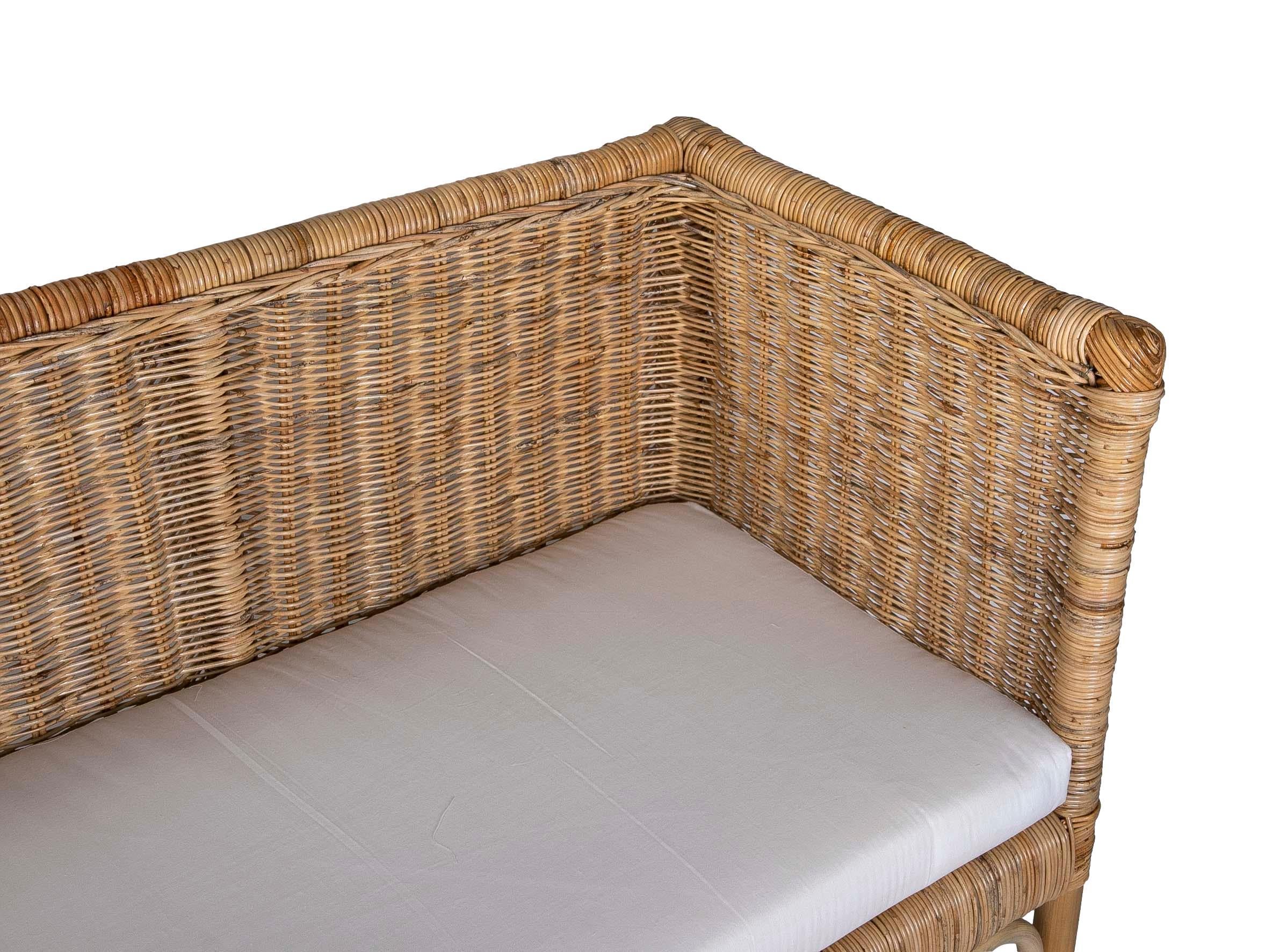 European Handmade Rattan Bench with Straight Arms and Backrest For Sale