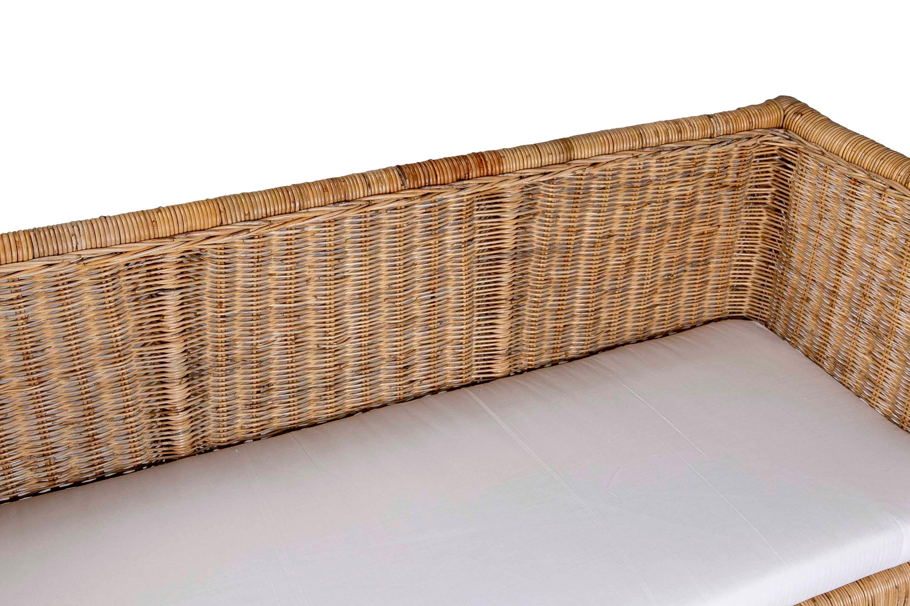 Contemporary Handmade Rattan Bench with Straight Arms and Backrest For Sale