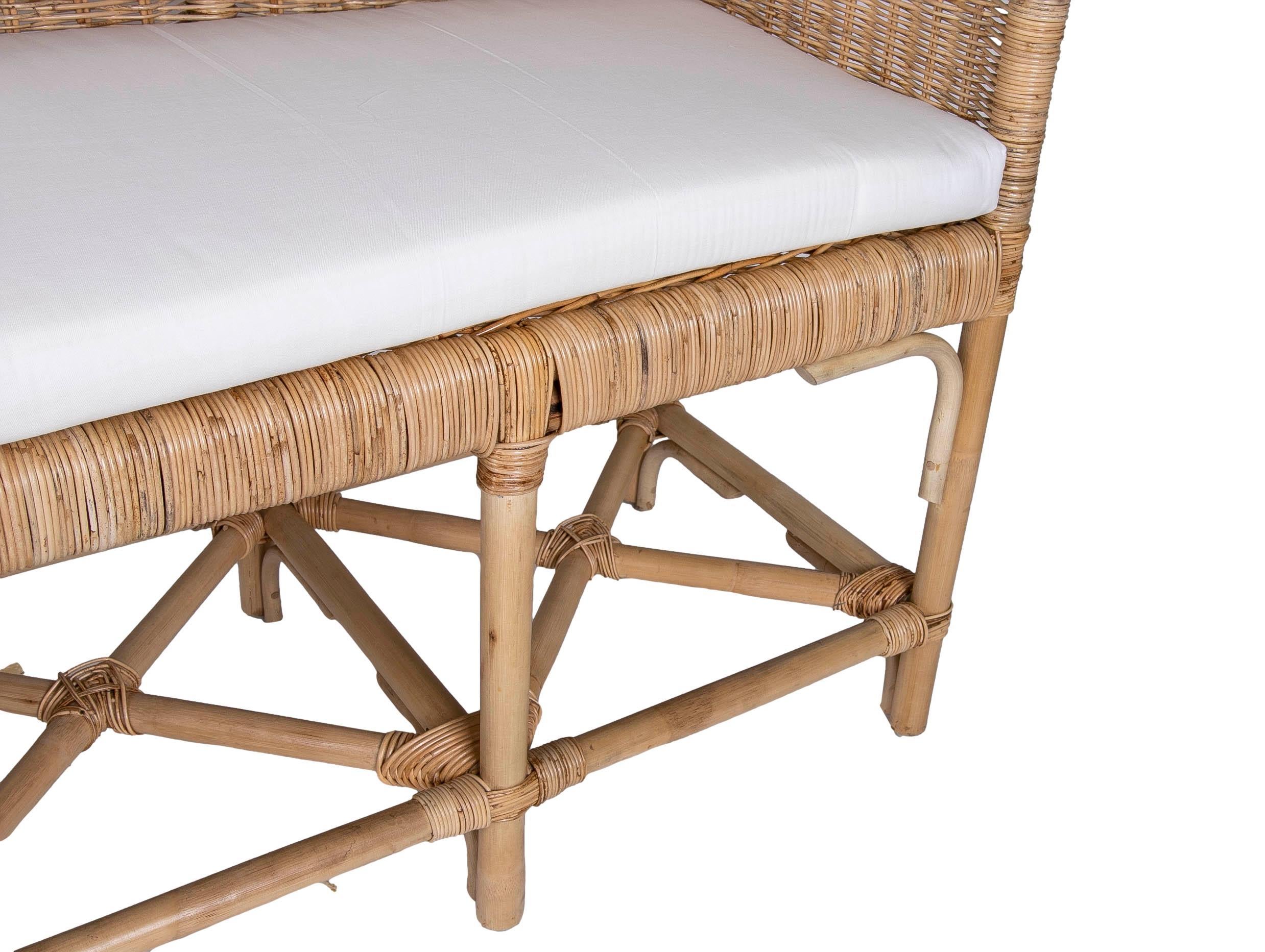 Contemporary Handmade Rattan Bench with Straight Arms and Backrest For Sale