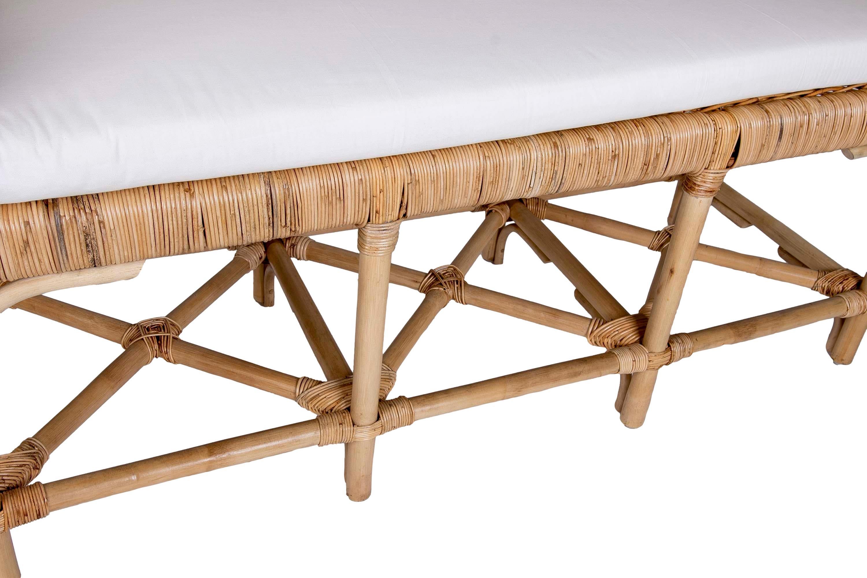 Handmade Rattan Bench with Straight Arms and Backrest For Sale 2
