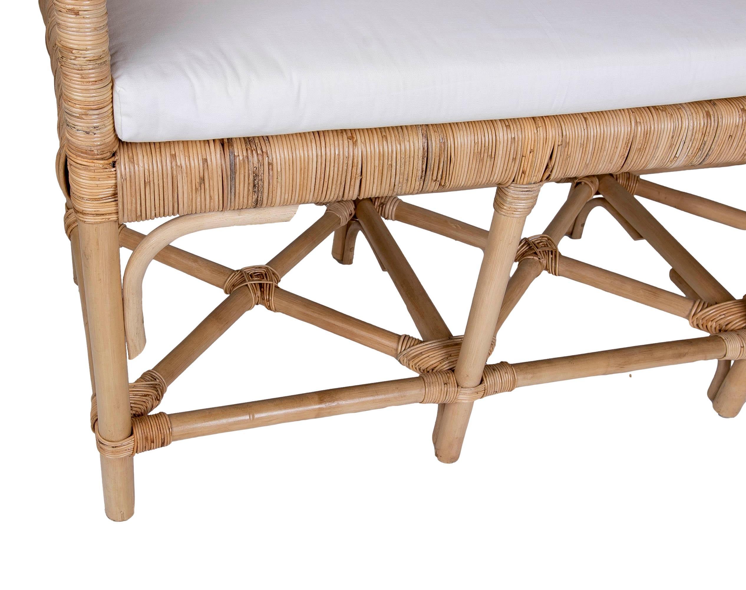 Handmade Rattan Bench with Straight Arms and Backrest For Sale 2