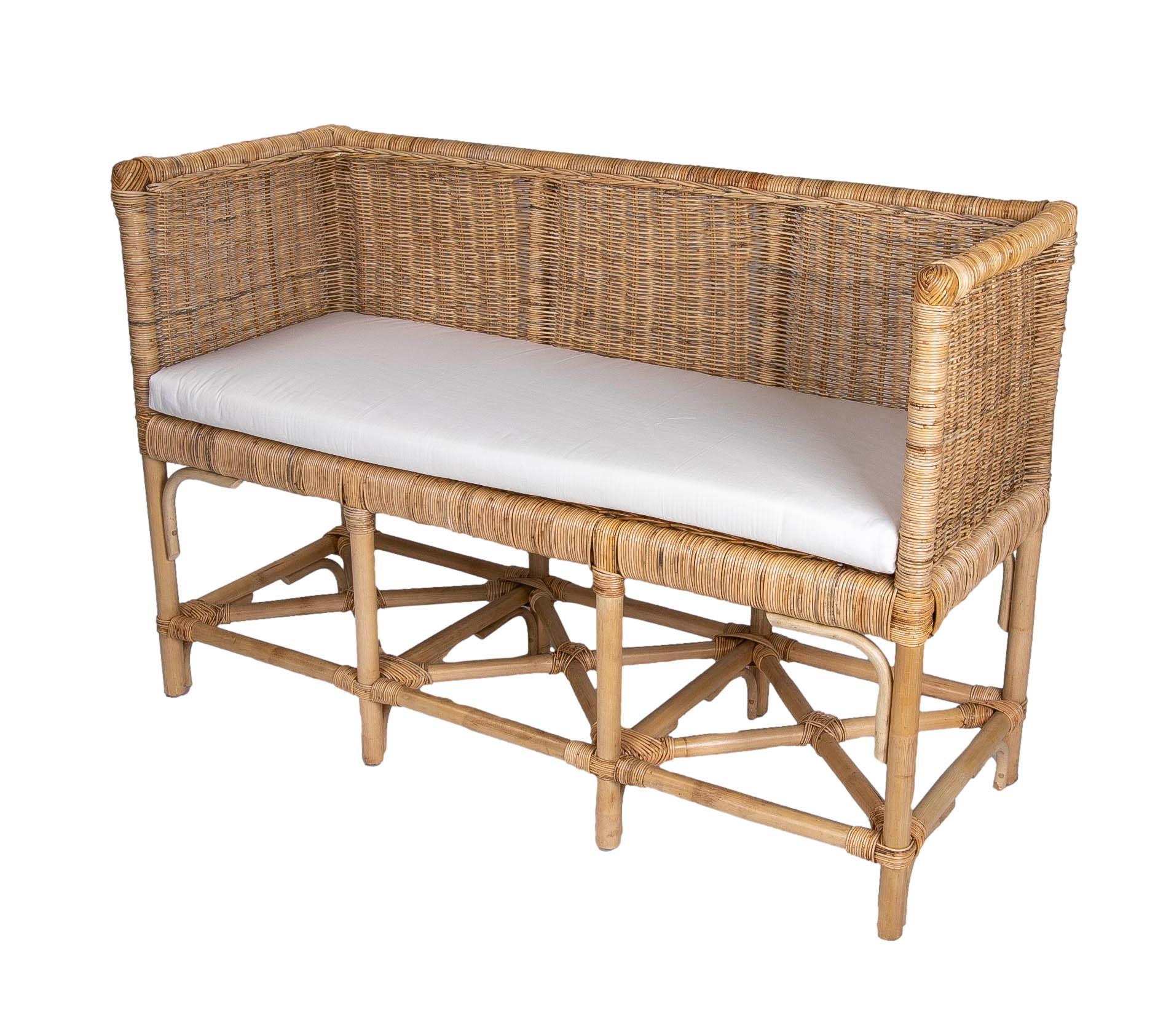 Handmade Rattan Bench with Straight Arms and Backrest For Sale 4