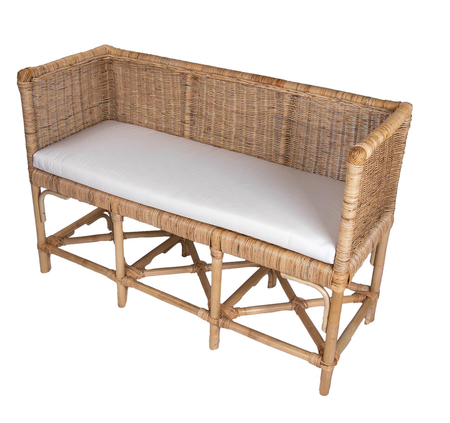Handmade Rattan Bench with Straight Arms and Backrest For Sale 4