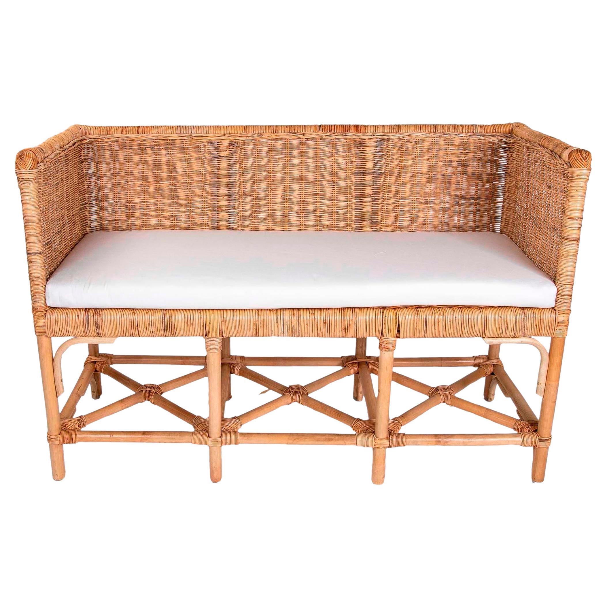 Handmade Rattan Bench with Straight Arms and Backrest For Sale