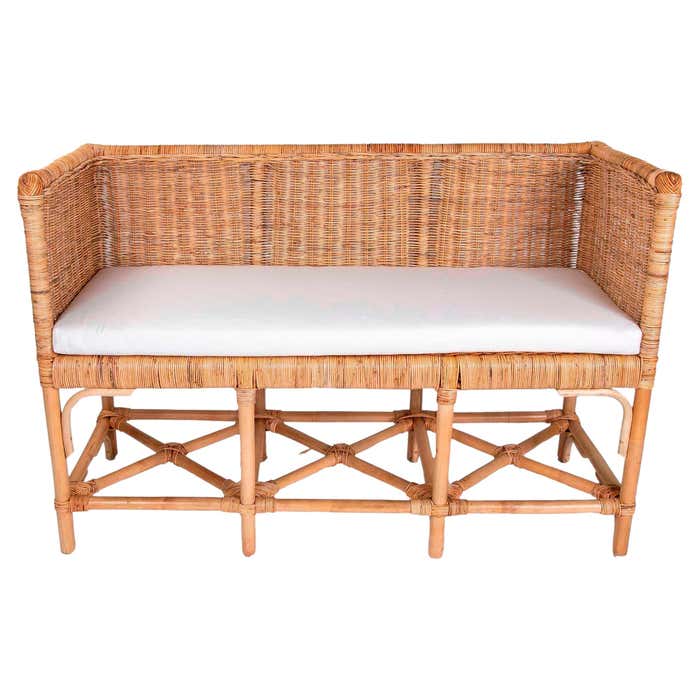 Handmade Rattan Bench with Straight Arms and Backrest For Sale at 1stDibs