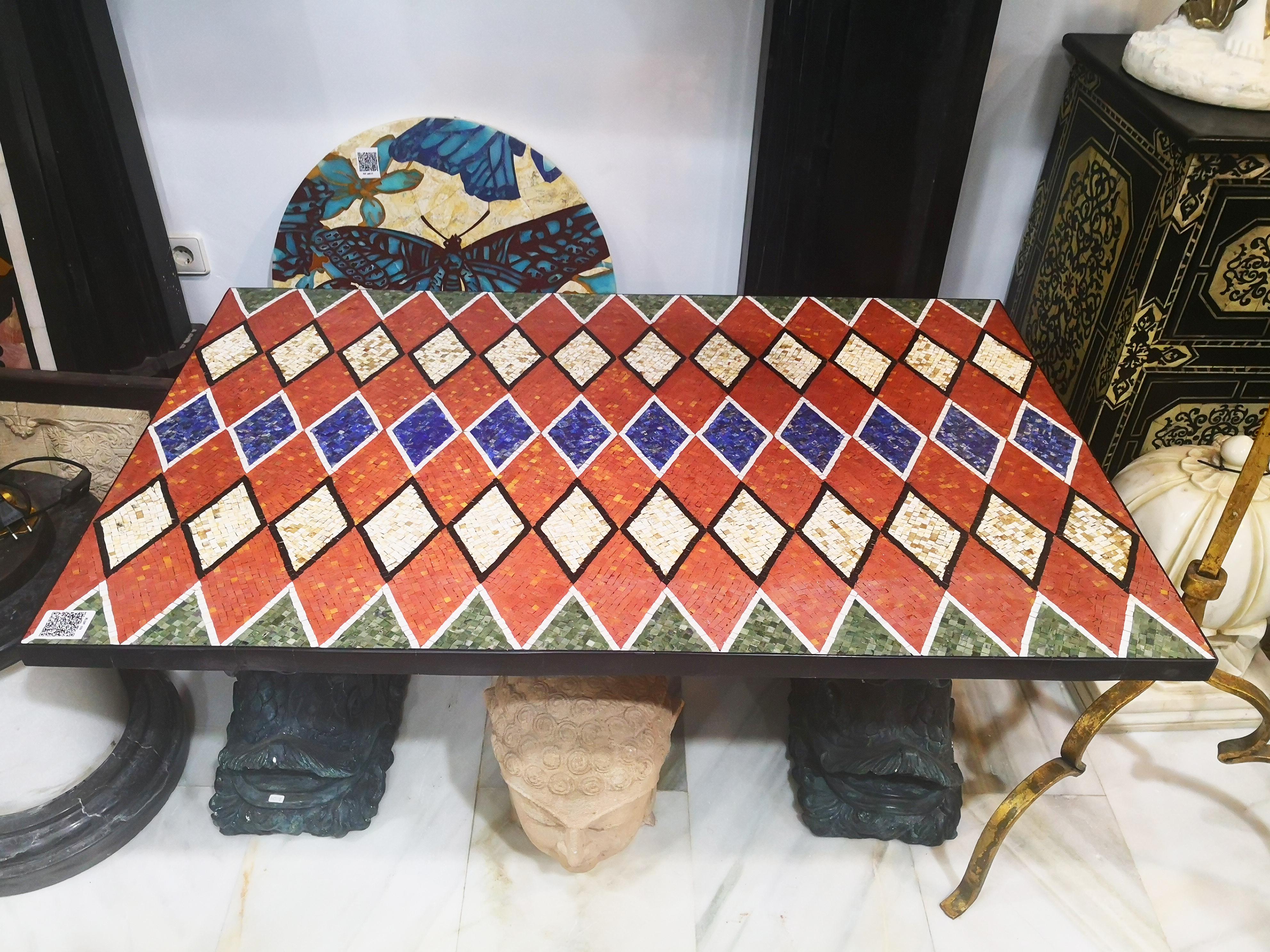 Italian Handmade Rectangular Tabletop Rhombus Mosaic in Lapis Lazuli, Jade and Marbles For Sale