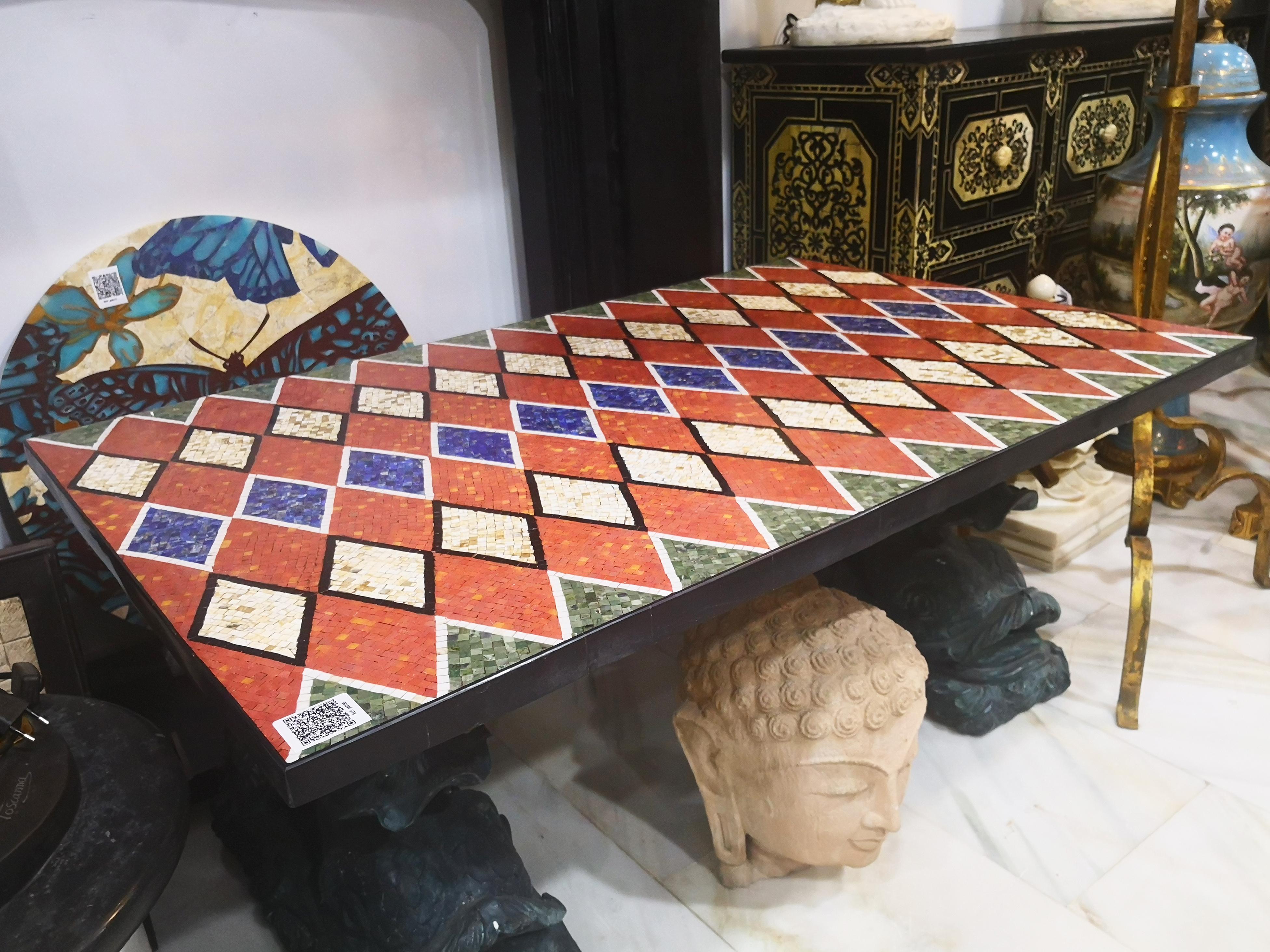 Handmade Rectangular Tabletop Rhombus Mosaic in Lapis Lazuli, Jade and Marbles In Good Condition For Sale In Marbella, ES
