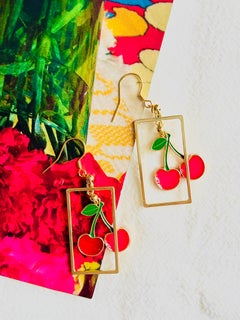 Handmade Red Cherry Rectangle Frame Hoop Rustic Gold Pierced Drop Earrings