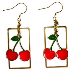 Handmade Red Cherry Rectangle Frame Hoop Rustic Gold Pierced Drop Earrings