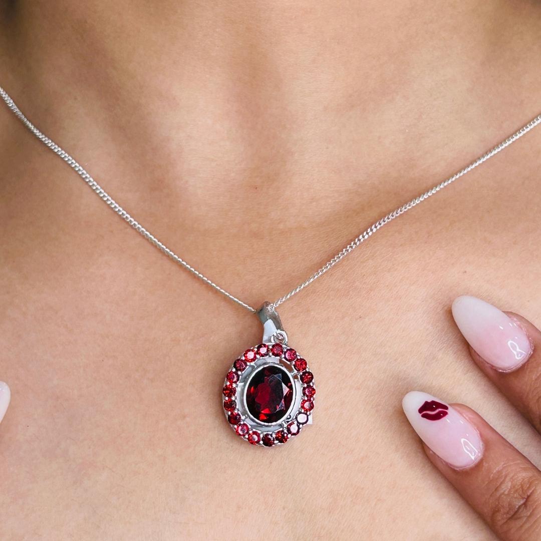 Handmade Red Garnet Oval Shape Pendant in sterling silver studded with oval, round cut garnet. This stunning piece of jewelry instantly elevates a casual look or dressy outfit.
Garnet Gemstone enhances the intellectual capacity of the