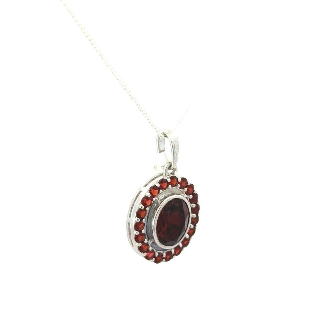 Art Deco Handmade Red Garnet Oval Shape Pendant in 925 Sterling Silver for Her For Sale