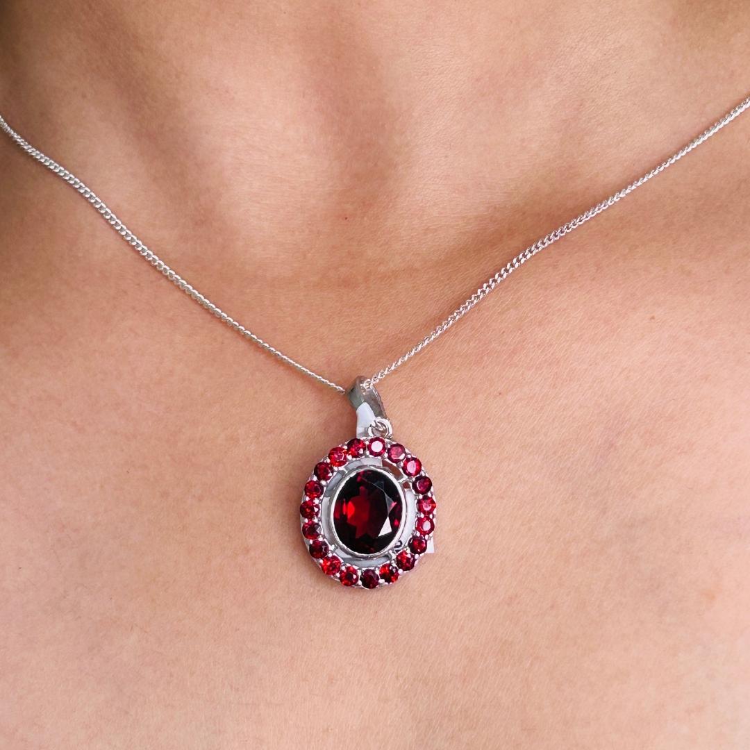 Women's Handmade Red Garnet Oval Shape Pendant in 925 Sterling Silver for Her For Sale