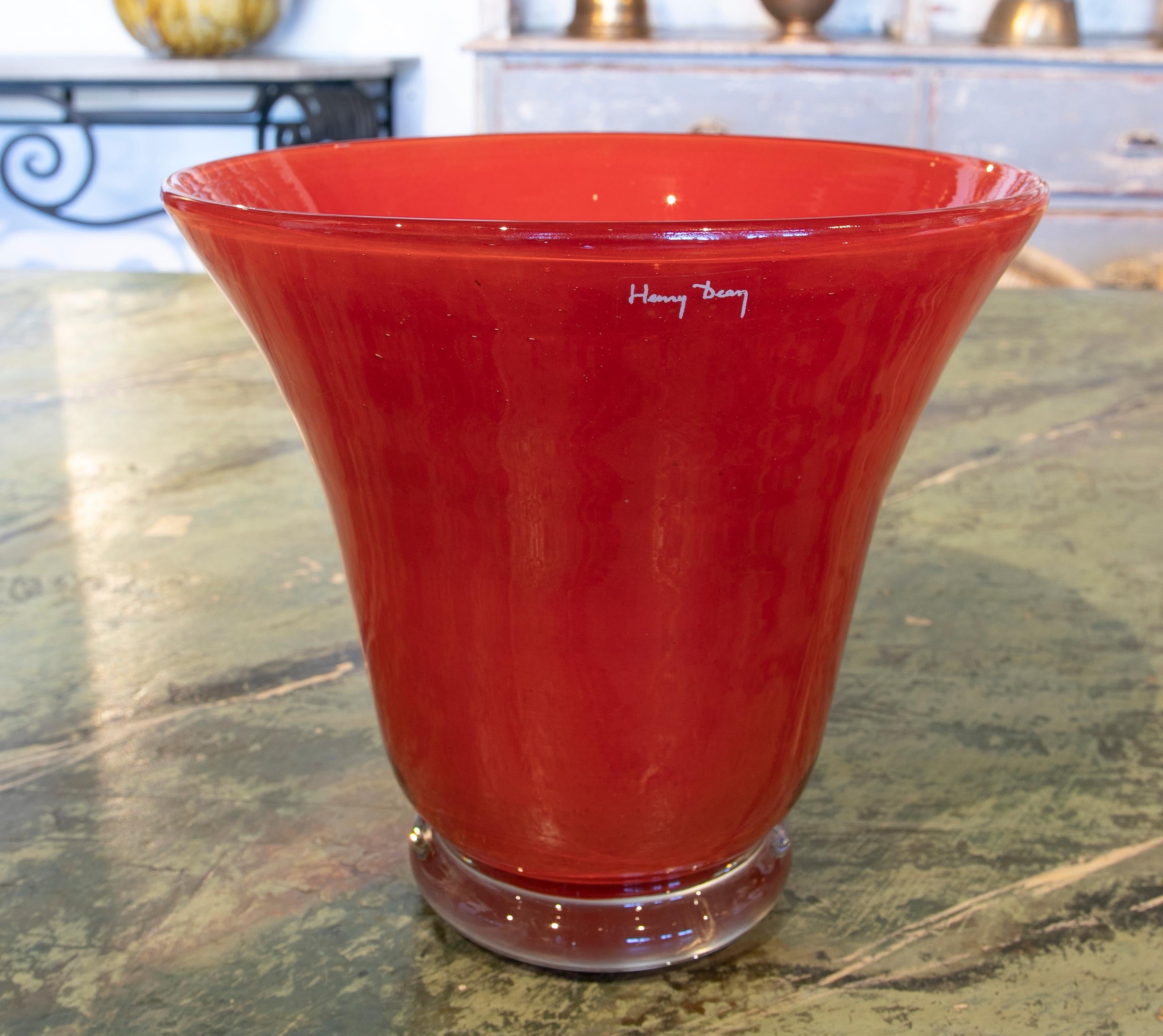French Handmade Red Glass Vase Signed by Henry Dean For Sale