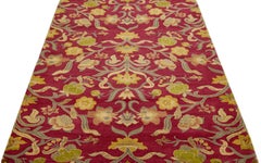 Tappeto in lana e seta rosso moderno nepalese dal design floreale fatto a mano
