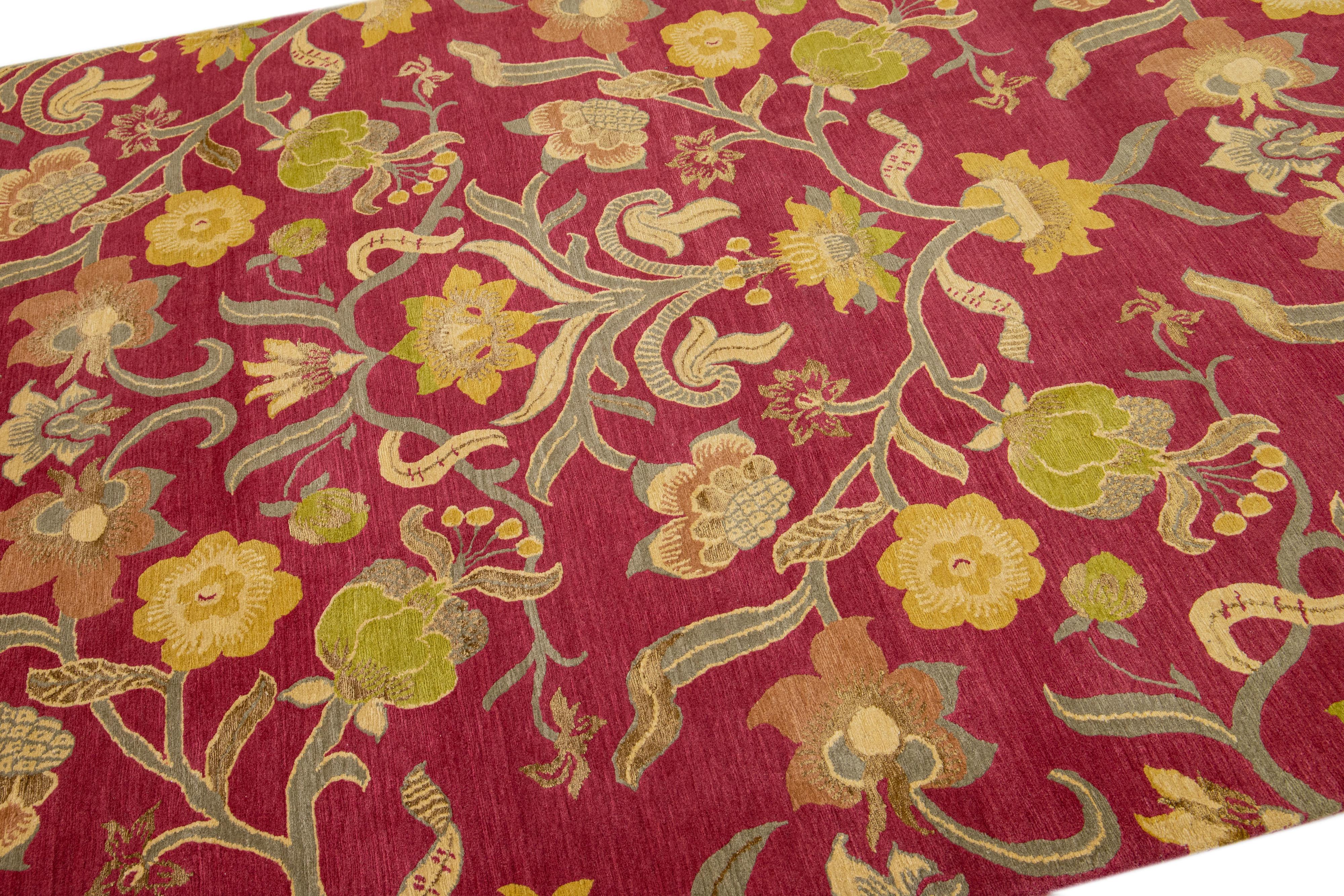 Mid-Century Modern Handmade Red Modern Nepalese Designed Floral Wool & Silk Rug For Sale