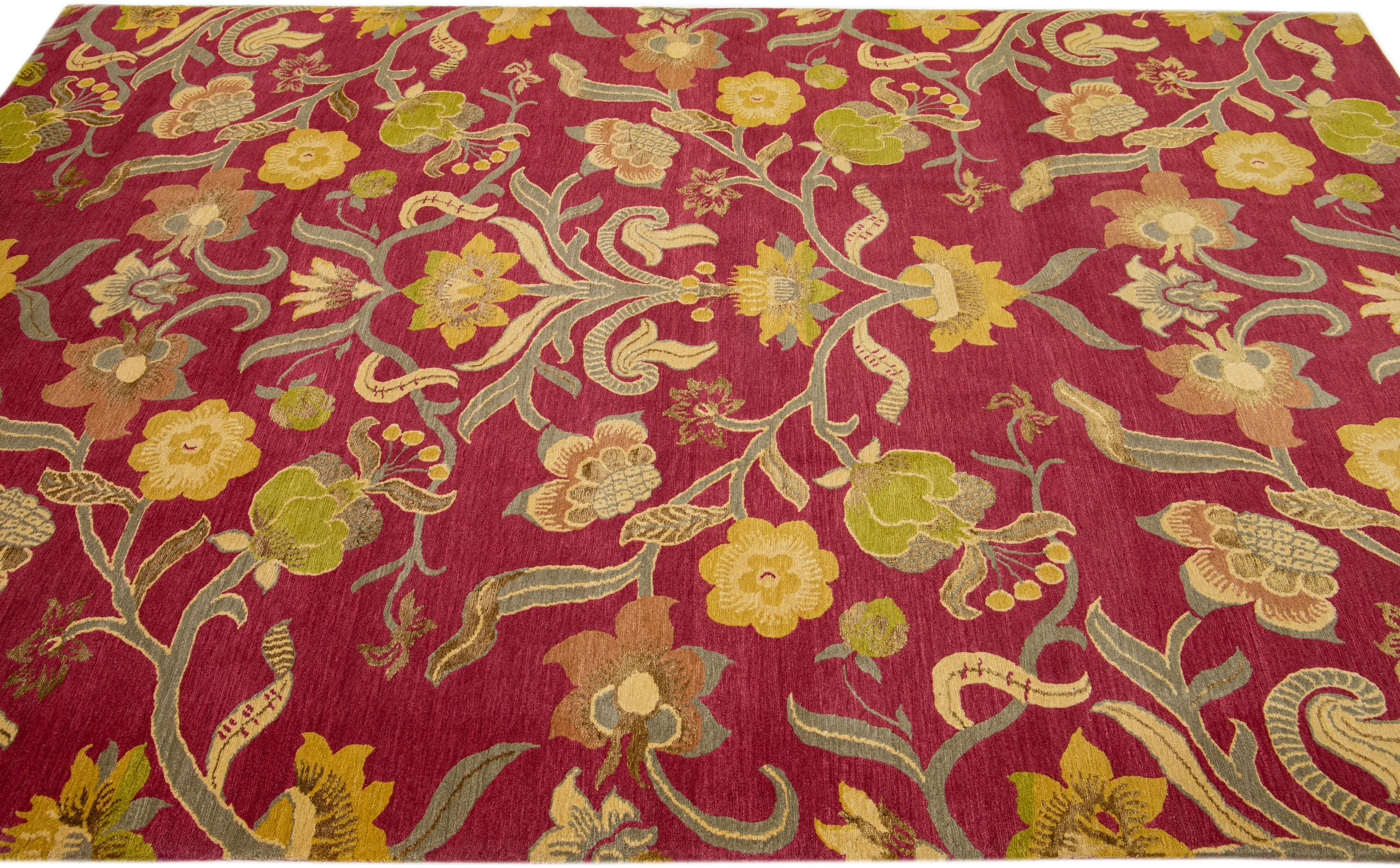 Hand-Knotted Handmade Red Modern Nepalese Designed Floral Wool & Silk Rug For Sale